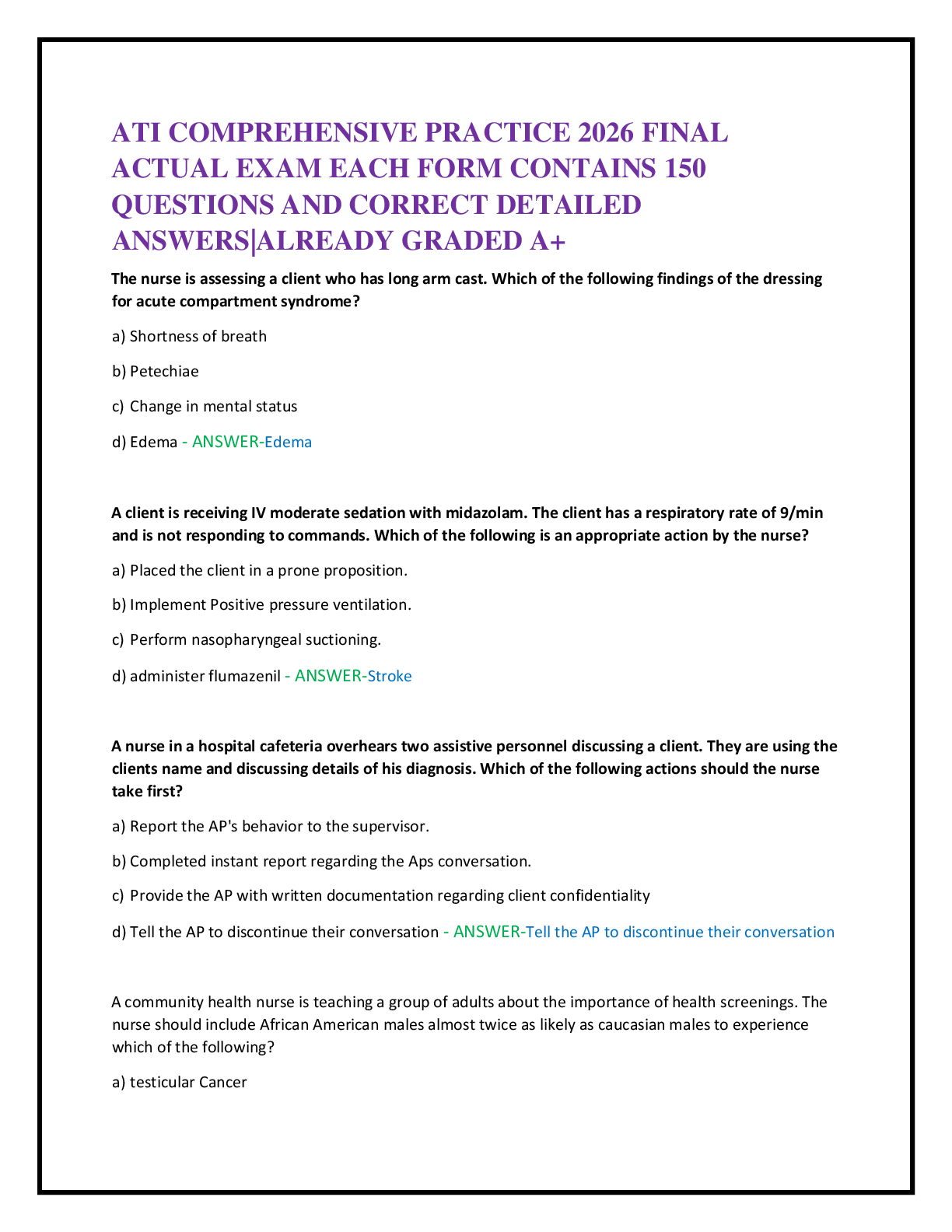 Preview of ATI COMPREHENSIVE PRACTICE 2026 FINAL   ACTUAL EXAM EACH FORM CONTAINS 150   QUESTIONS AND CORRECT DETAILED  ANSWERS|ALREADY GRADED A+