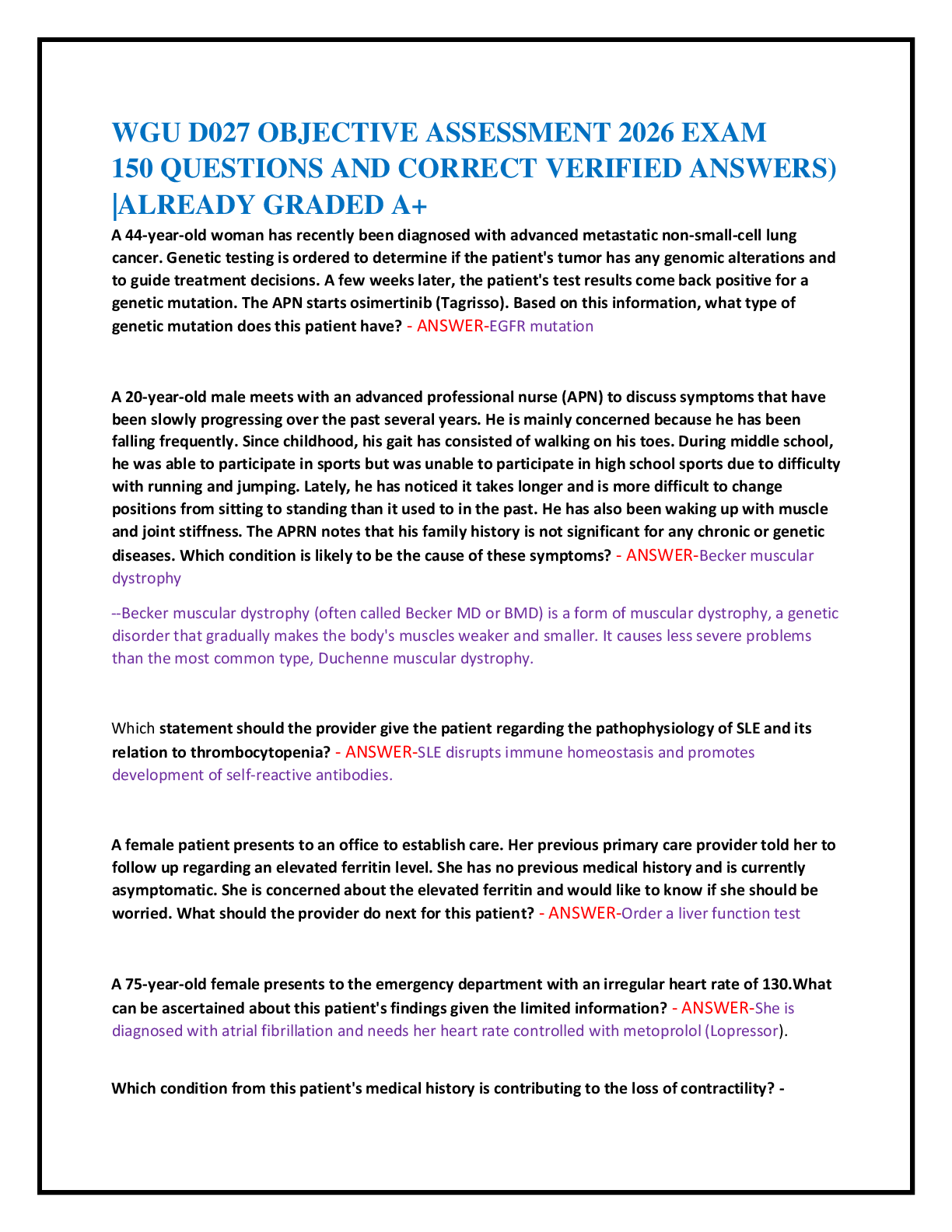 Recommended document preview for WGU D027 OBJECTIVE ASSESSMENT 2026 EXAM   150 QUESTIONS AND CORRECT VERIFIED ANSWERS)  |ALREADY GRADED A+