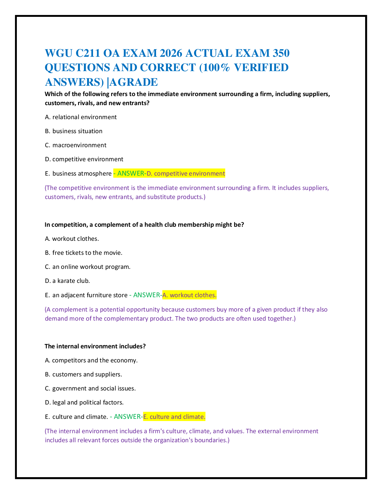 WGU C211 OA EXAM 2026 ACTUAL EXAM 350   QUESTIONS AND CORRECT (100% VERIFIED  ANSWERS) |AGRADE