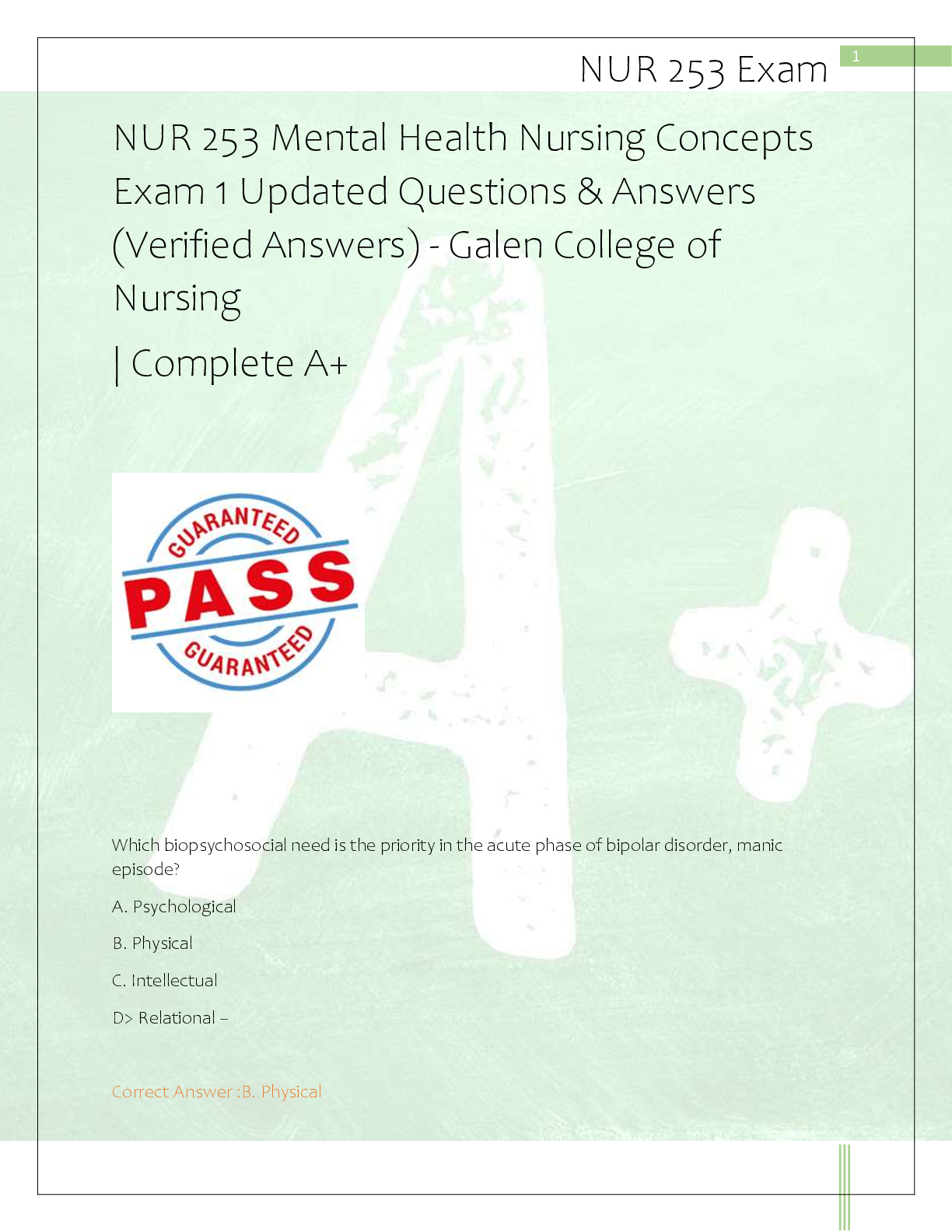 Preview of NUR 253 Mental Health Nursing Concepts  Exam 1 Updated Questions & Answers  (Verified Answ