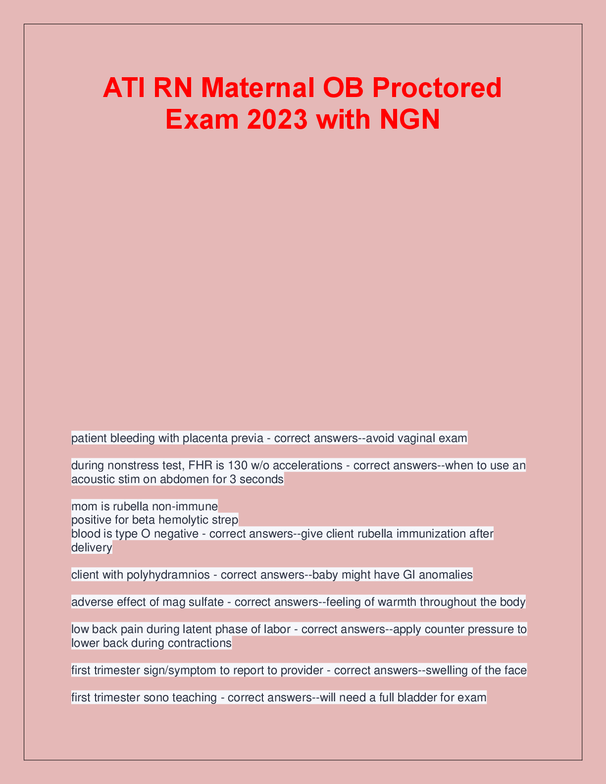 Recommended document preview for ATI RN Maternal OB Proctored  Exam 2023 with NGN