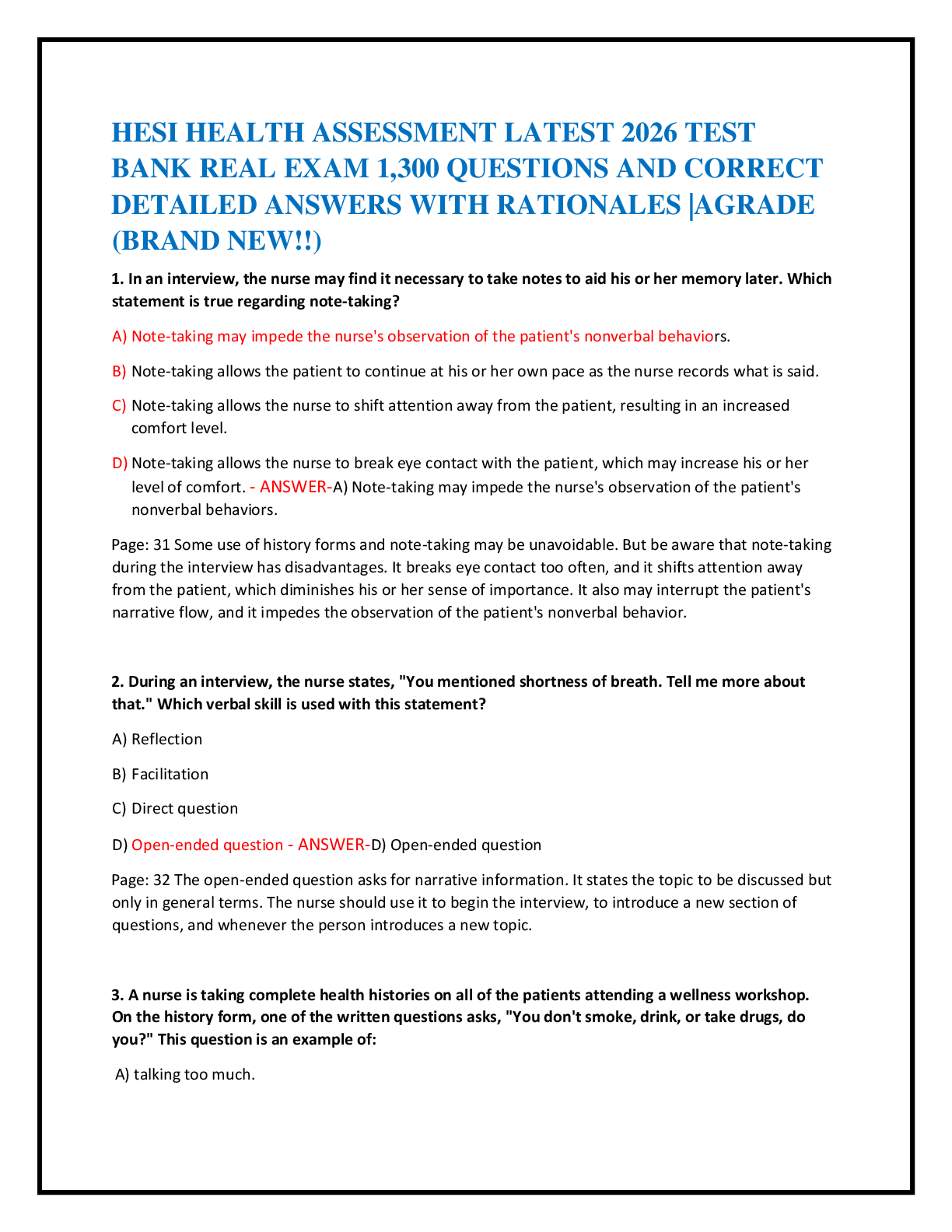 Recommended document preview for HESI HEALTH ASSESSMENT LATEST 2026 TEST   BANK REAL EXAM 1,300 QUESTIONS AND CORRECT   DETAILED ANSWERS WITH RATIONALES |AGRADE  (BRAND NEW!!)