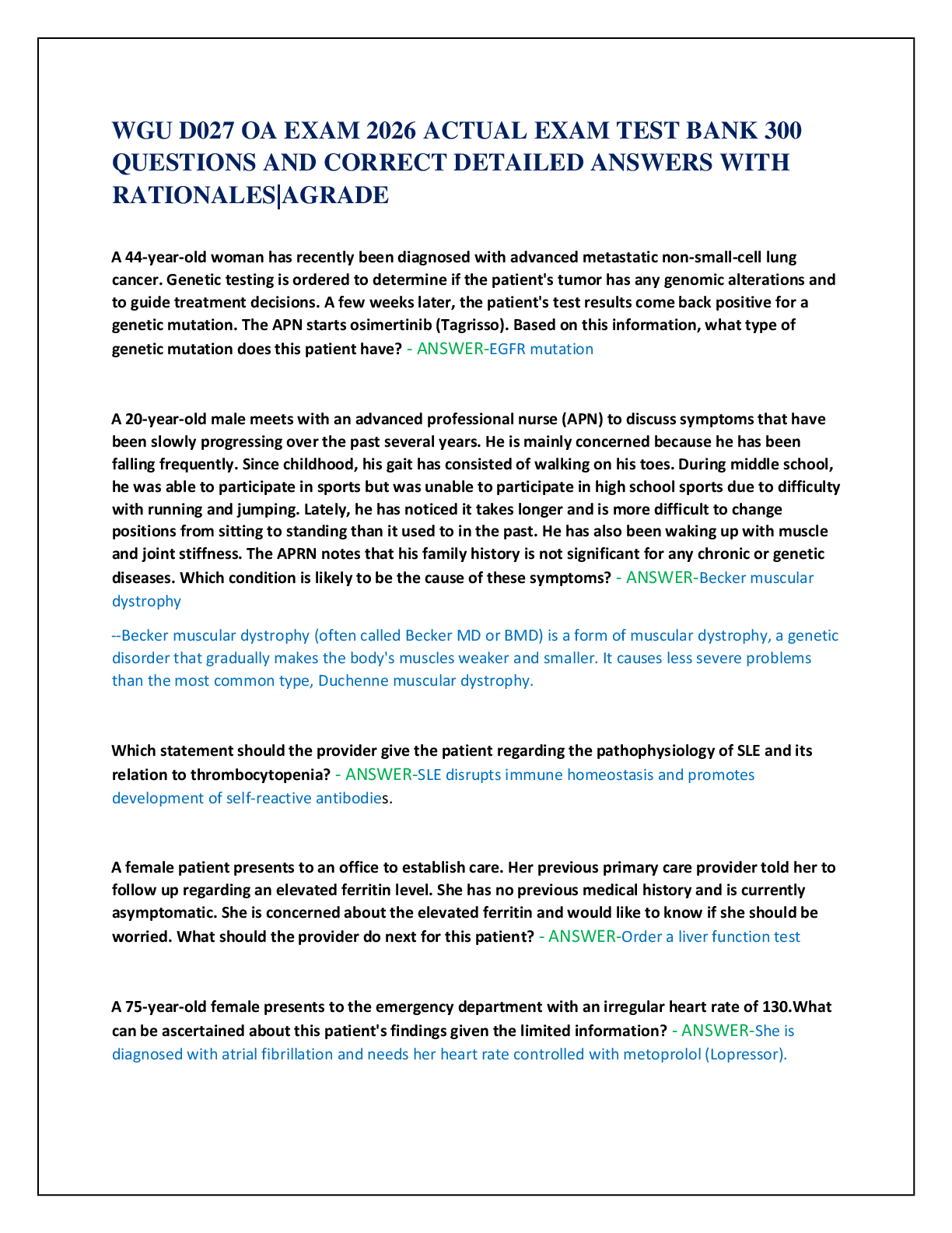 Recommended document preview for WGU D027 OA EXAM 2026 ACTUAL EXAM TEST BANK 300  QUESTIONS AND CORRECT DETAILED ANSWERS WITH  RATIONALES|AGRADE