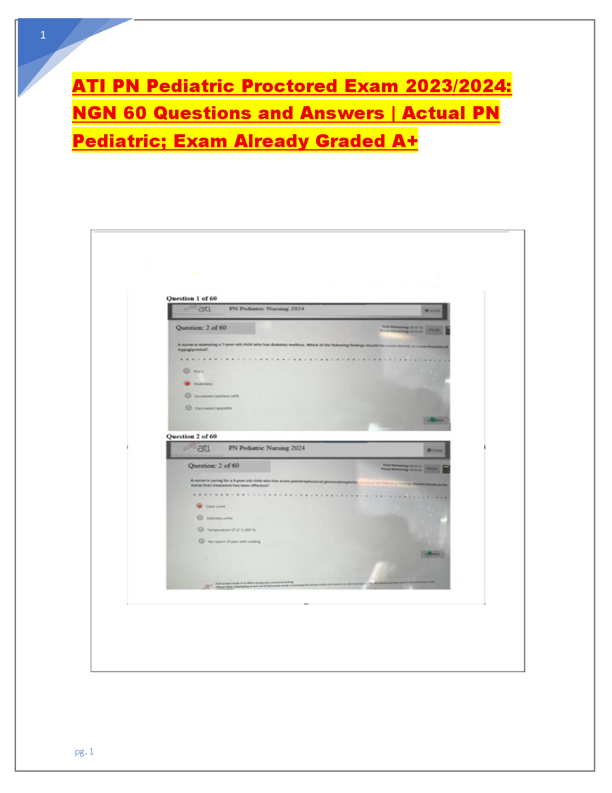 Preview of PN Pediatric Proctored Exam 2023/2024: NGN 60 Questions and Answers | Actual PN Pediatric;