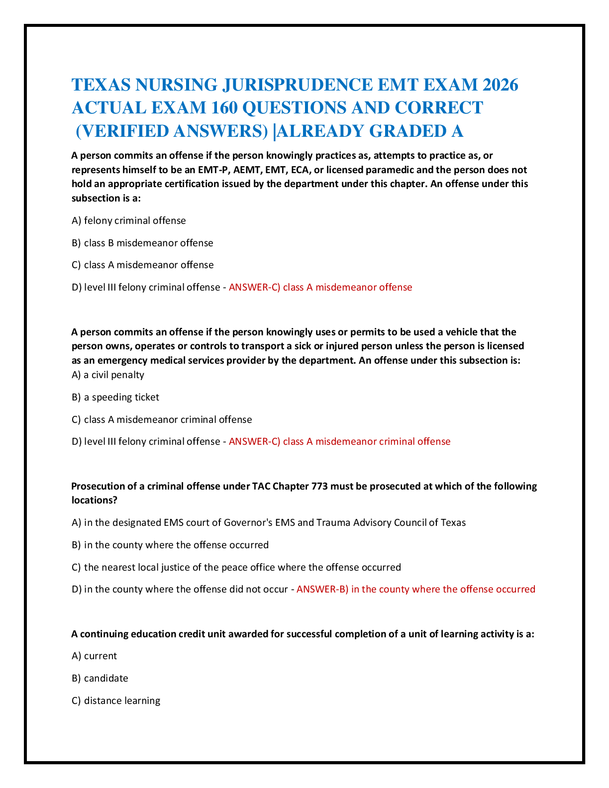 TEXAS NURSING JURISPRUDENCE EMT EXAM 2026  ACTUAL EXAM 160 QUESTIONS AND CORRECT   (VERIFIED ANSWERS) |ALREADY GRADED A
