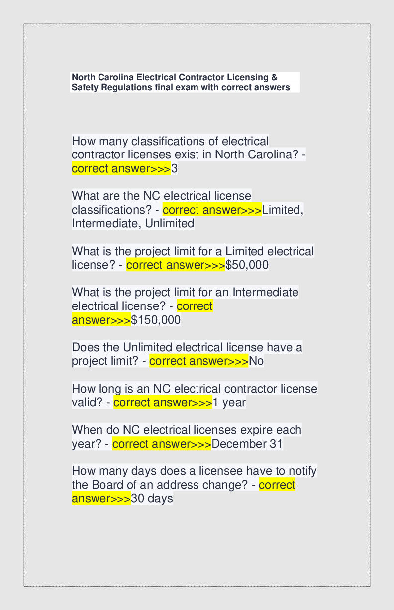 Recommended document preview for North Carolina Electrical Contractor Licensing & Safety Regulations final exam with correct answers