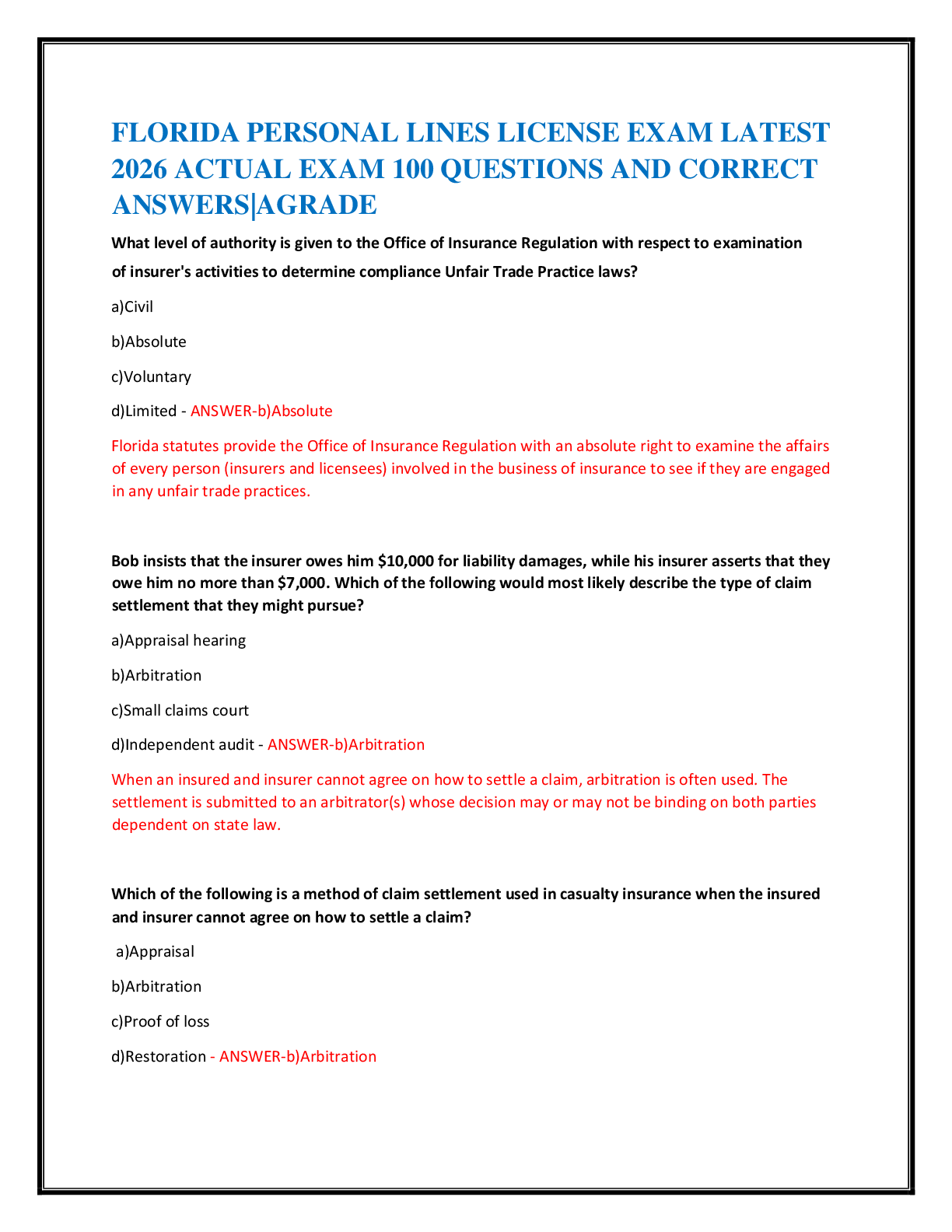 Recommended document preview for FLORIDA PERSONAL LINES LICENSE EXAM LATEST   2026 ACTUAL EXAM 100 QUESTIONS AND CORRECT  ANSWERS|AGRADE