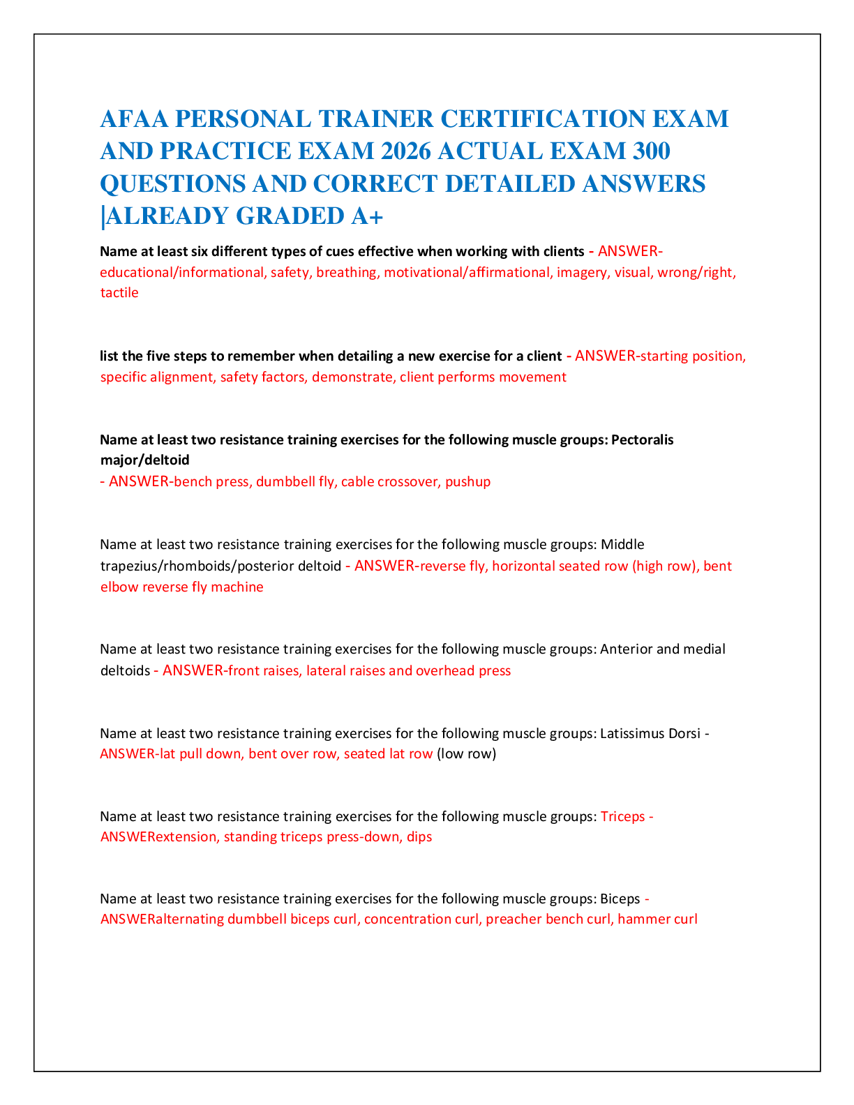 Recommended document preview for AFAA PERSONAL TRAINER CERTIFICATION EXAM   AND PRACTICE EXAM 2026 ACTUAL EXAM 300   QUESTIONS AND CORRECT DETAILED ANSWERS  |ALREADY GRADED A+
