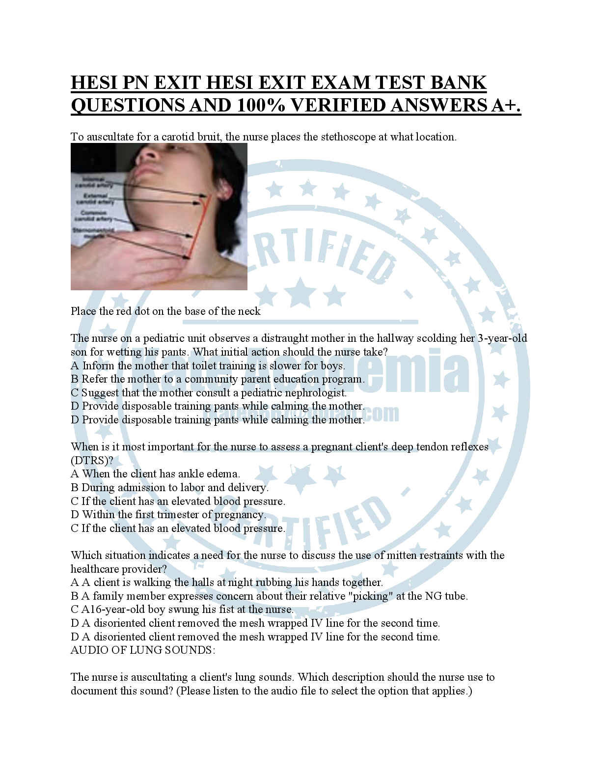 Recommended document preview for HESI PN EXIT HESI EXIT EXAM TEST BANK  QUESTIONS AND 100% VERIFIED ANSWERS A+.