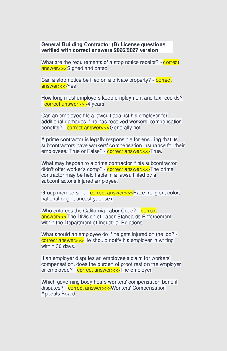 Recommended document preview for General Building Contractor (B) License questions verified with correct answers 2026/2027 version
