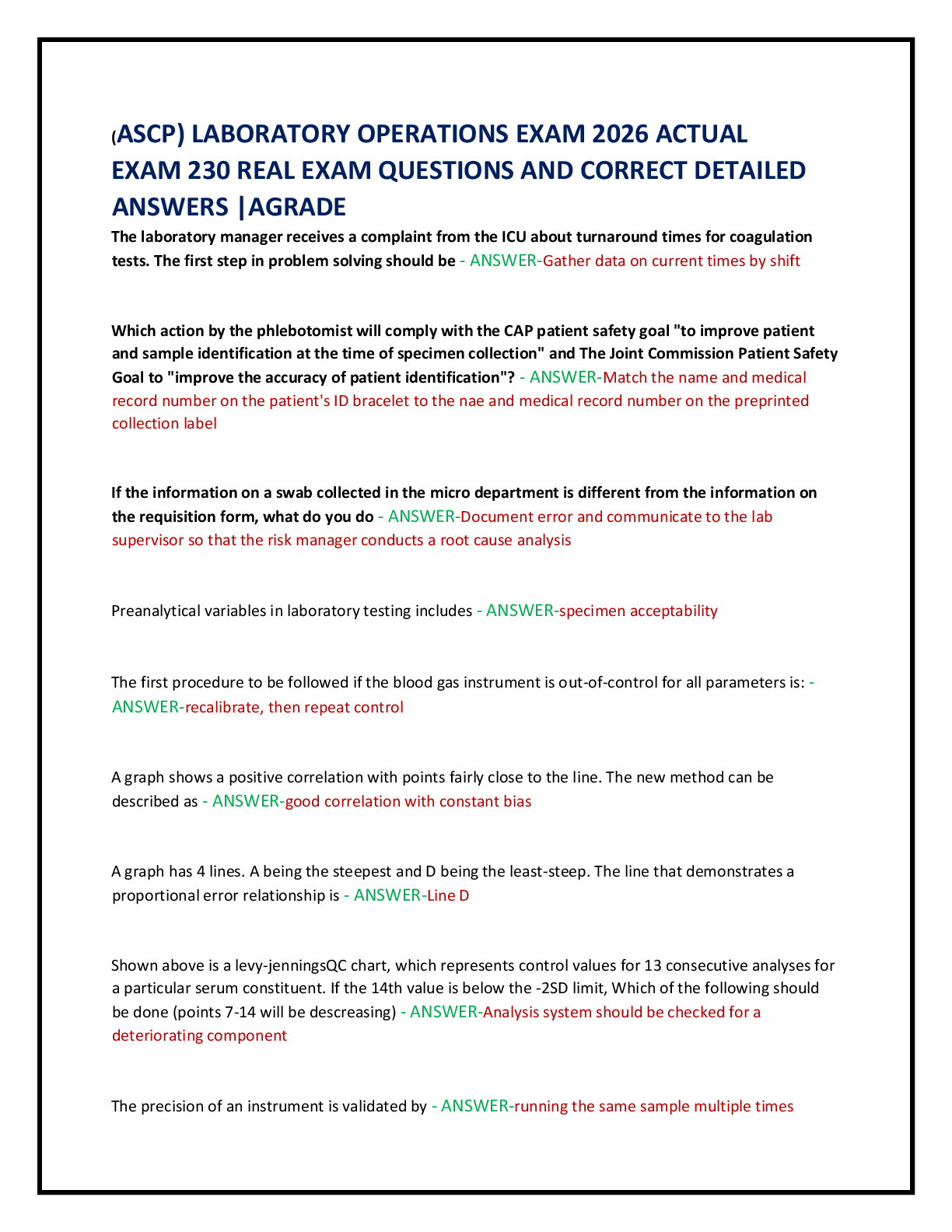 (ASCP) LABORATORY OPERATIONS EXAM 2026 ACTUAL   EXAM 230 REAL EXAM QUESTIONS AND CORRECT DETAILED  ANSWERS |AGRADE