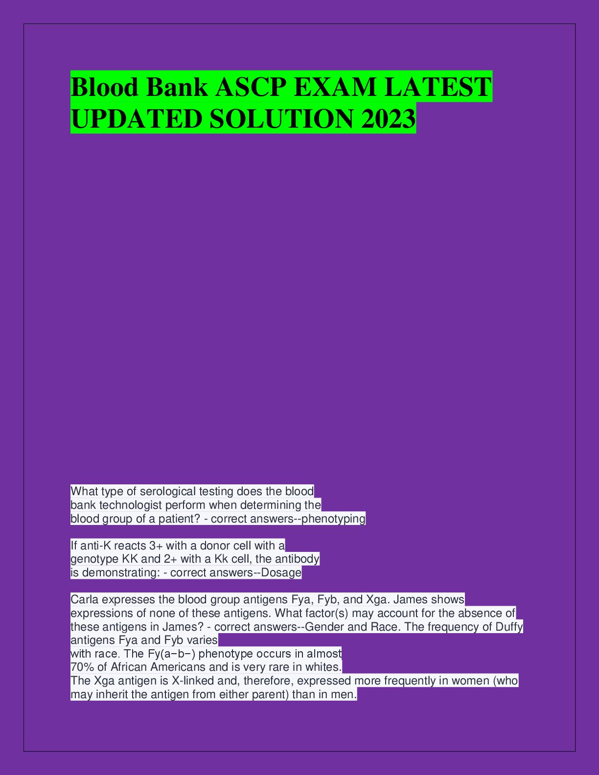 Preview of Blood Bank ASCP EXAM LATEST  UPDATED SOLUTION 2023