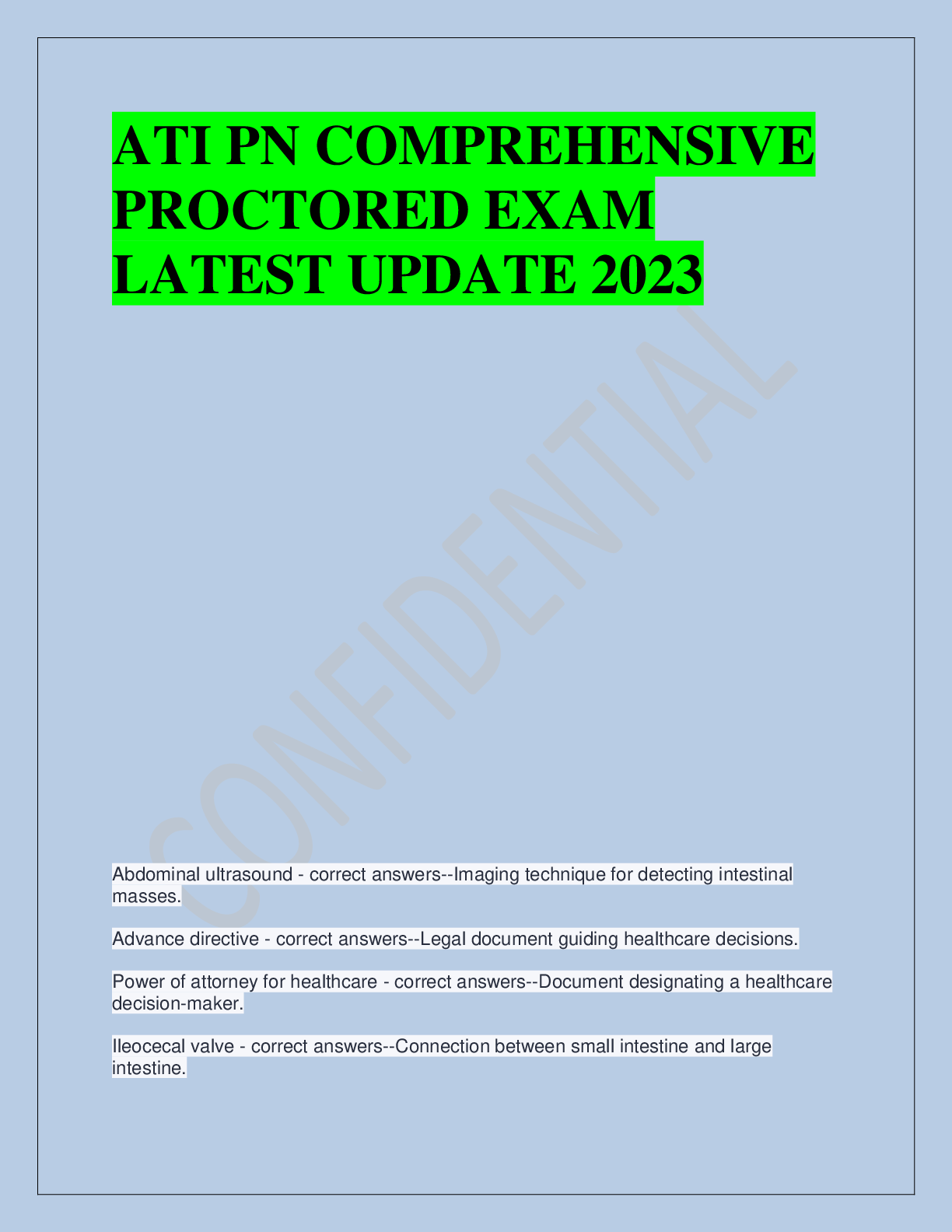 Recommended document preview for ATI PN COMPREHENSIVE  PROCTORED EXAM  LATEST UPDATE 2023