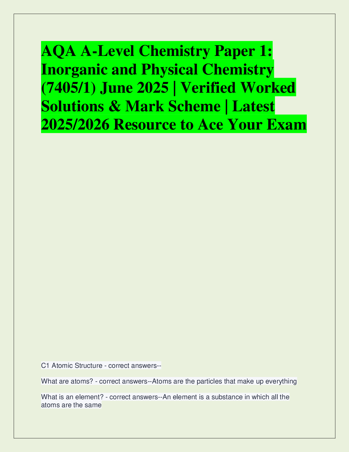 Recommended document preview for AQA A-Level Chemistry Paper 1:  Inorganic and Physical Chemistry  (7405/1) June 2025 | Verified Worked  Solutions & Mark Scheme | Latest  2025/2026 Resource to Ace Your Exam