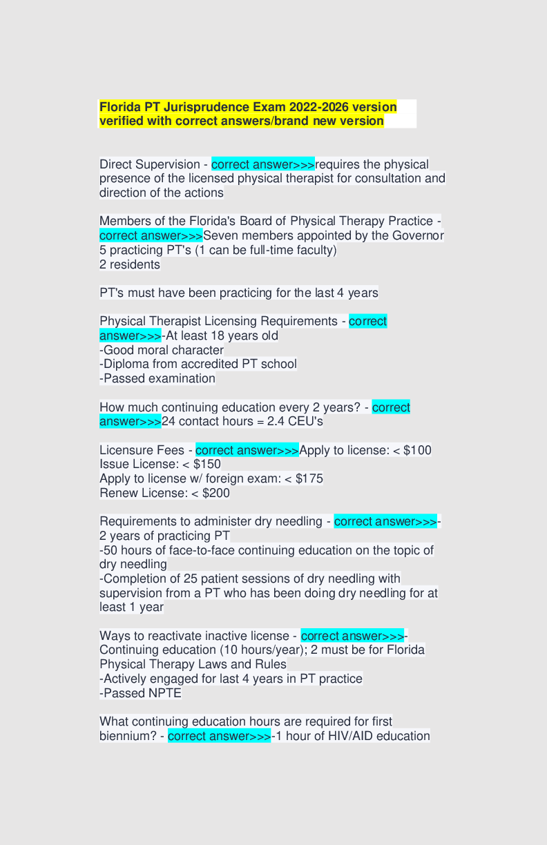 Preview of Florida PT Jurisprudence Exam 2022-2026 version verified with correct answers/brand new ve