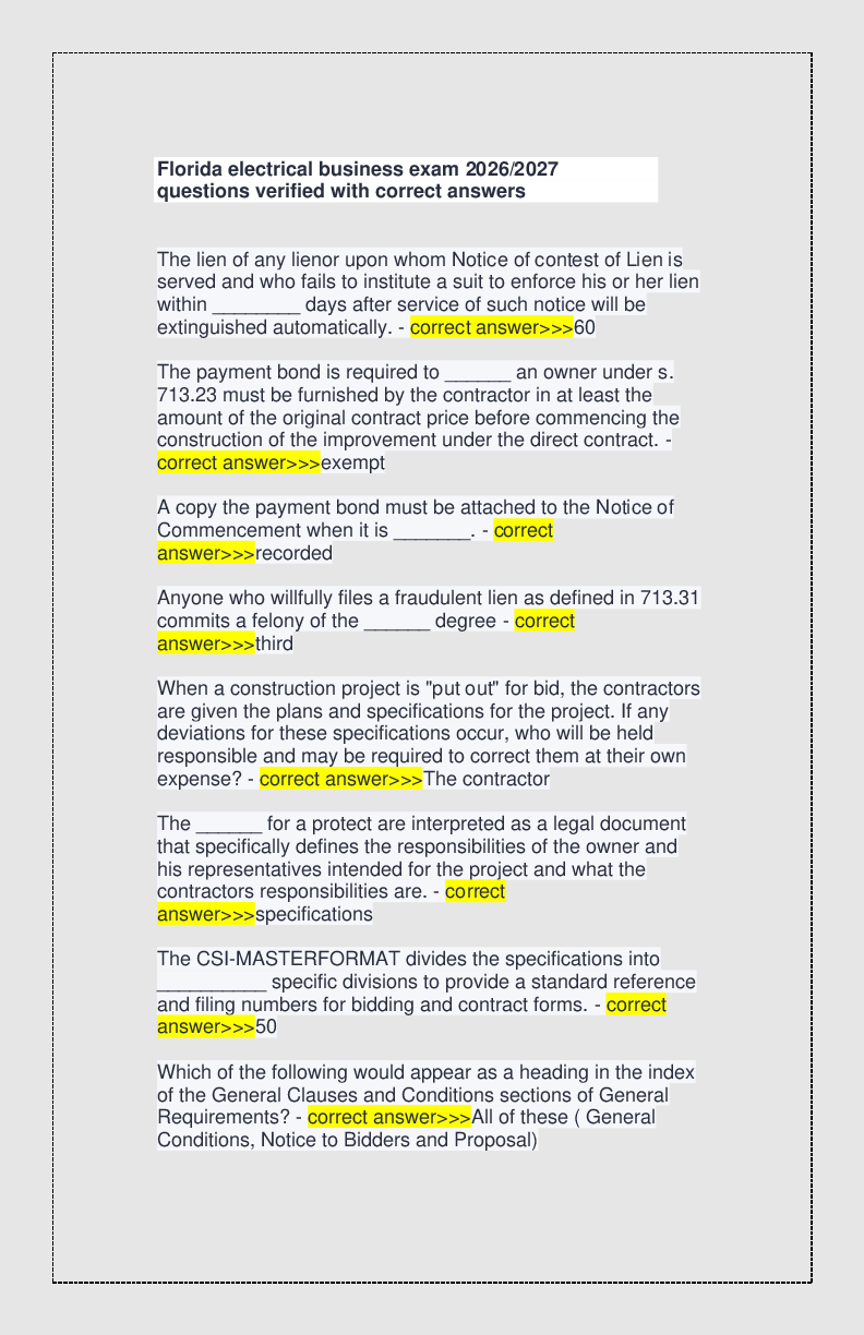 Preview of Florida electrical business exam 2026/2027 questions verified with correct answers