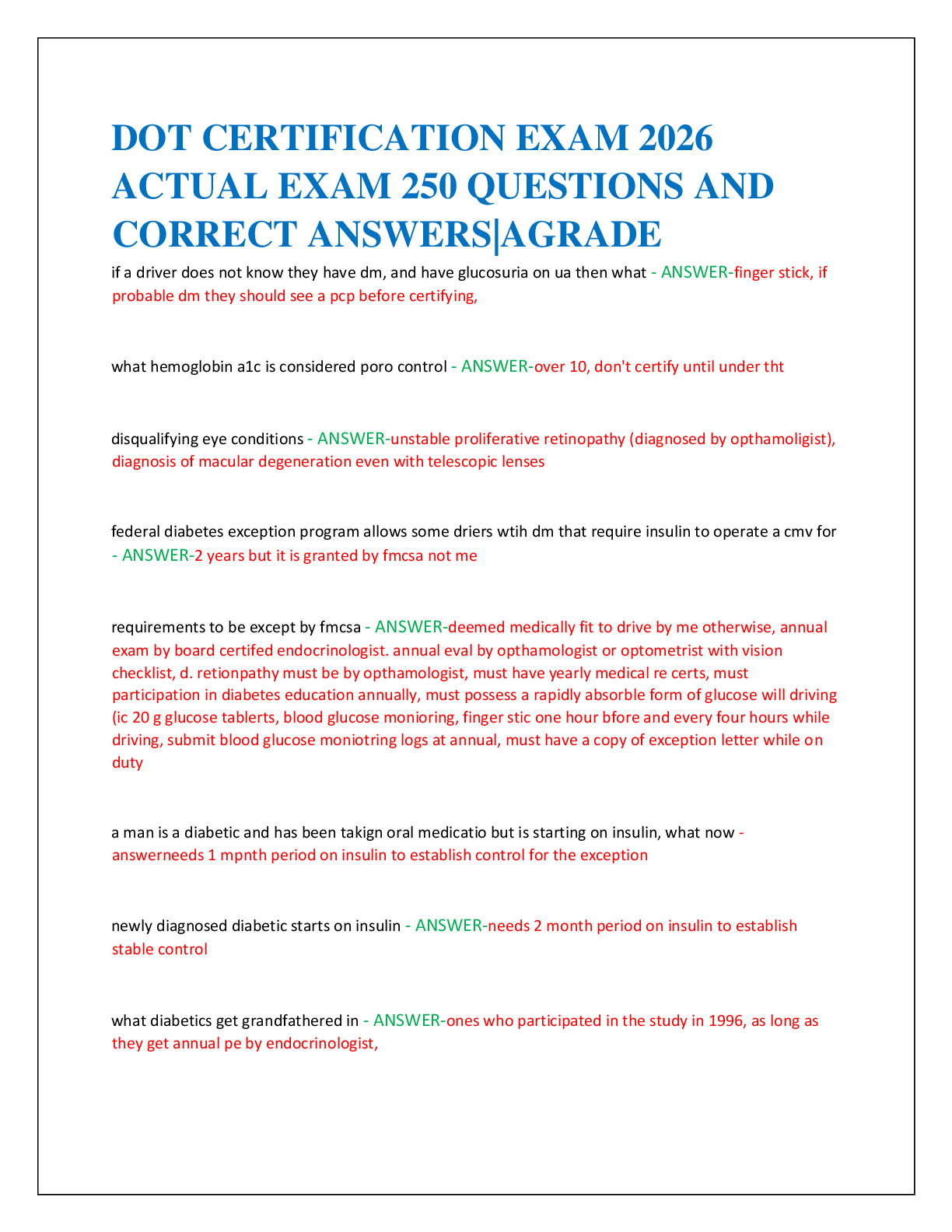 Recommended document preview for DOT CERTIFICATION EXAM 2026   ACTUAL EXAM 250 QUESTIONS AND  CORRECT ANSWERS|AGRADE