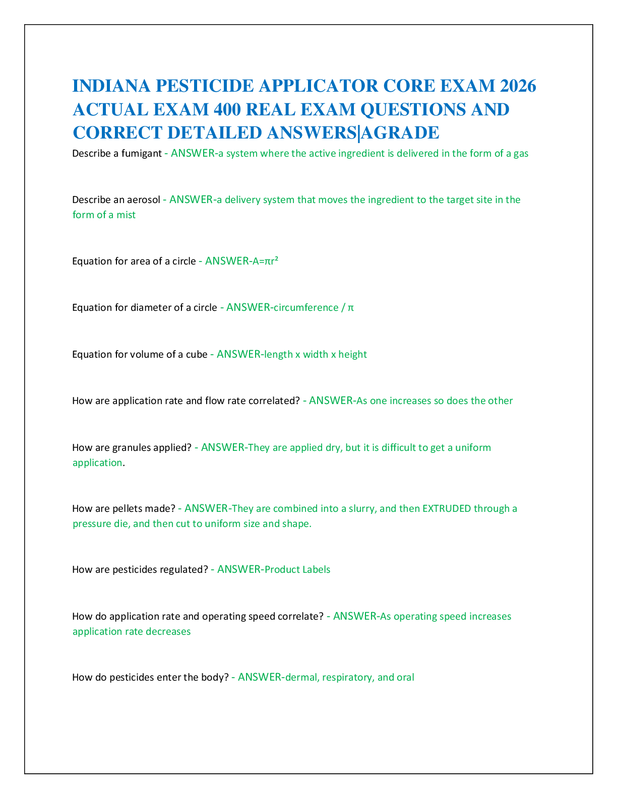 INDIANA PESTICIDE APPLICATOR CORE EXAM 2026  ACTUAL EXAM 400 REAL EXAM QUESTIONS AND  CORRECT DETAILED ANSWERS|AGRADE