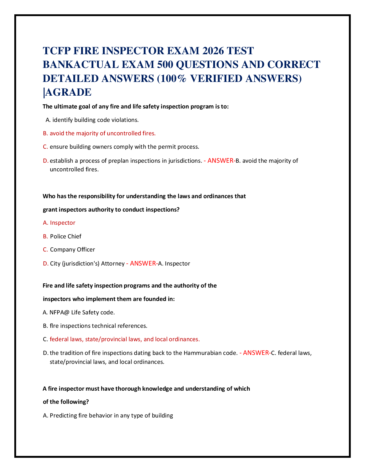 TCFP FIRE INSPECTOR EXAM 2026 TEST   BANKACTUAL EXAM 500 QUESTIONS AND CORRECT   DETAILED ANSWERS (100% VERIFIED ANSWERS)  |AGRADE