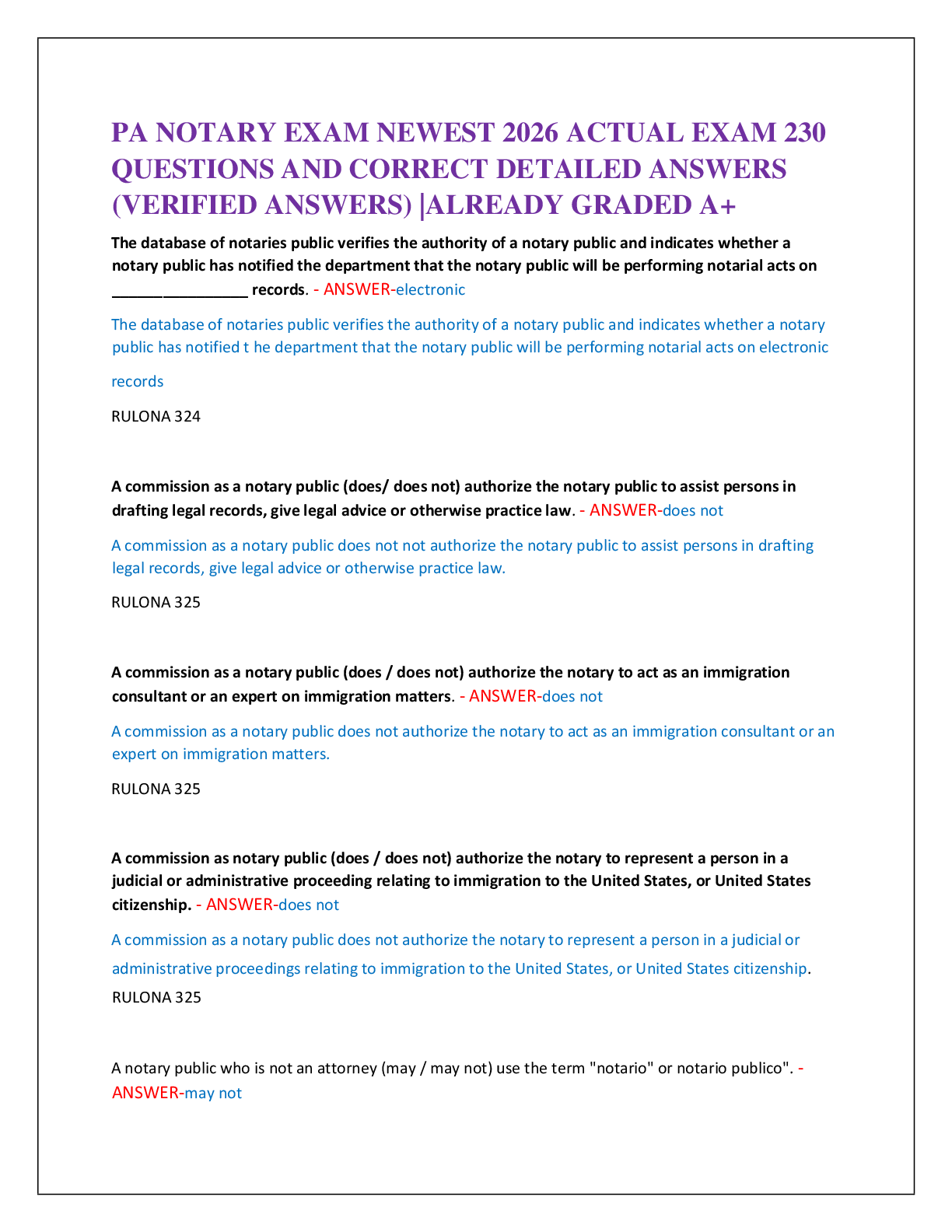 PA NOTARY EXAM NEWEST 2026 ACTUAL EXAM 230   QUESTIONS AND CORRECT DETAILED ANSWERS  (VERIFIED ANSWERS) |ALREADY GRADED A+