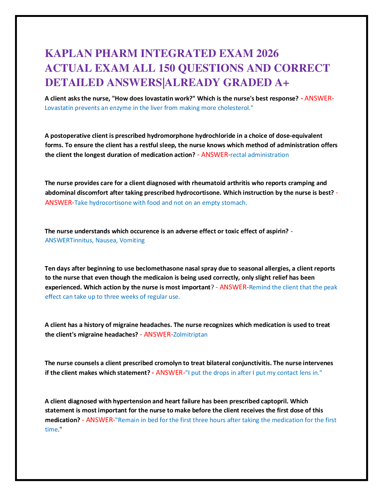 KAPLAN PHARM INTEGRATED EXAM 2026  ACTUAL EXAM ALL 150 QUESTIONS AND CORRECT  DETAILED ANSWERS|ALREADY GRADED A+