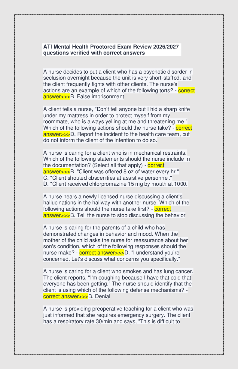 Recommended document preview for ATI Mental Health Proctored Exam Review 2026/2027 questions verified with correct answers