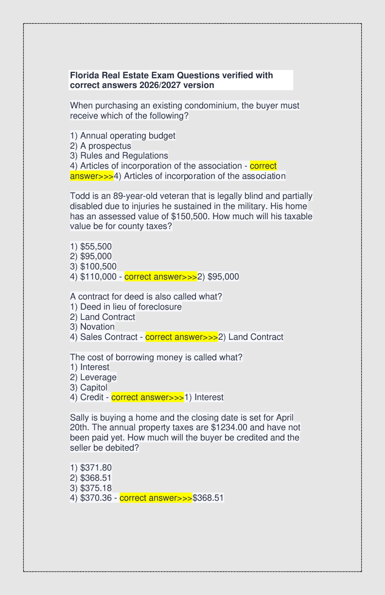Florida Real Estate Exam Questions verified with correct answers 2026/2027 version