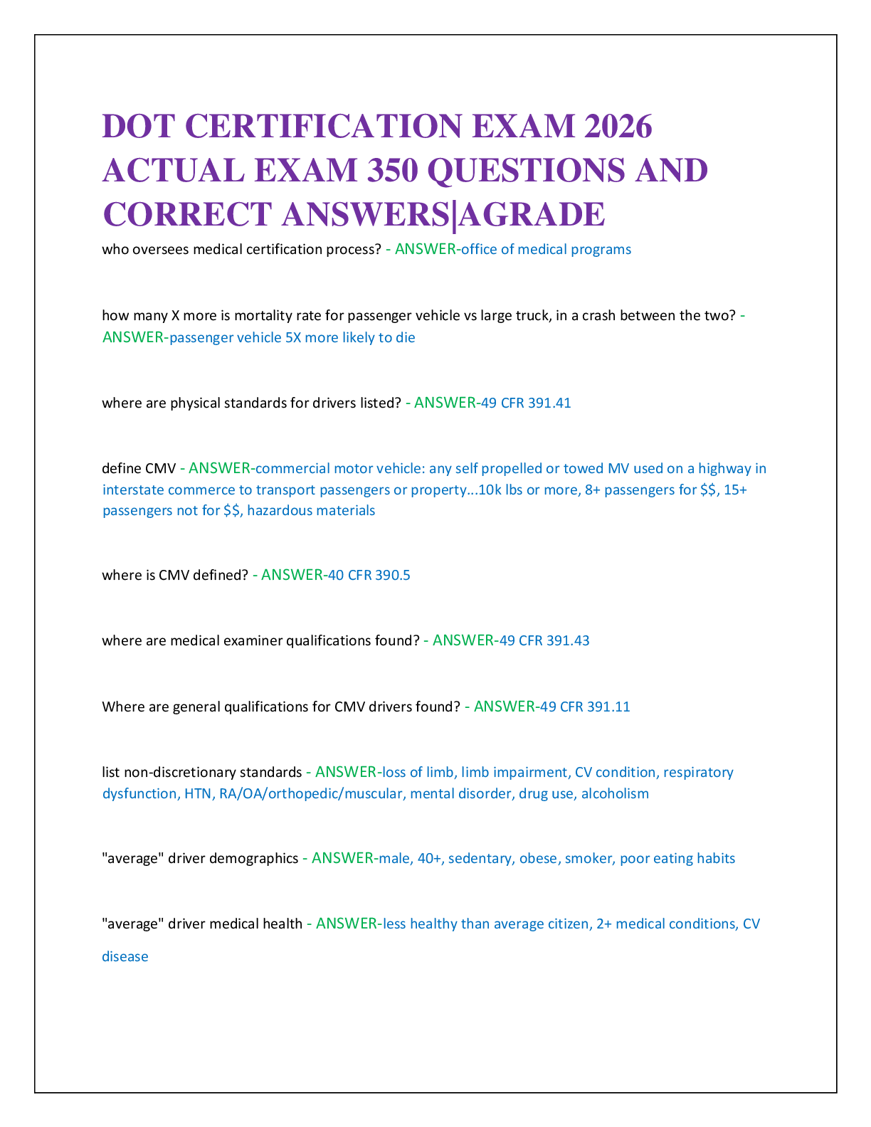 Preview of DOT CERTIFICATION EXAM 2026   ACTUAL EXAM 350 QUESTIONS AND  CORRECT ANSWERS|AGRADE
