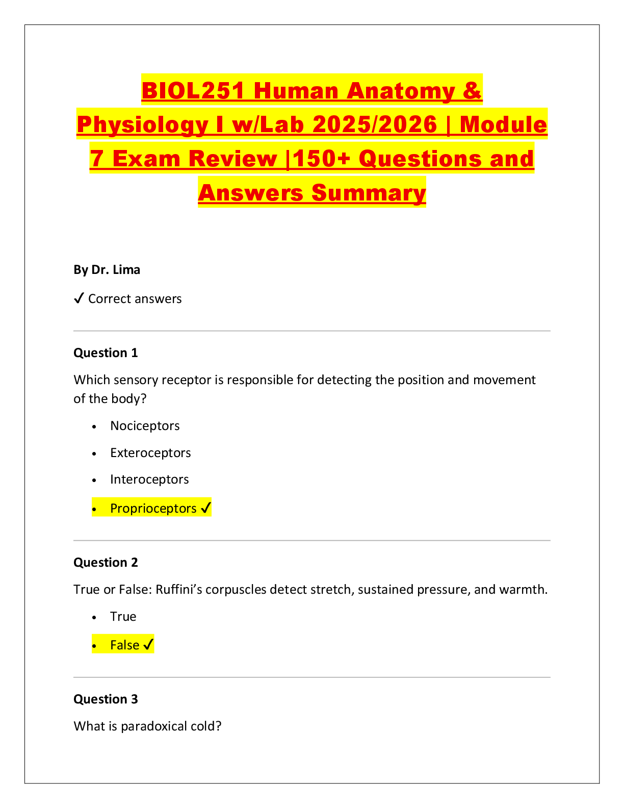 Recommended document preview for BIOL251 Human Anatomy & Physiology I w/Lab 2025/2026 | Module 7 Exam Review |150+ Questions and Answers Summary