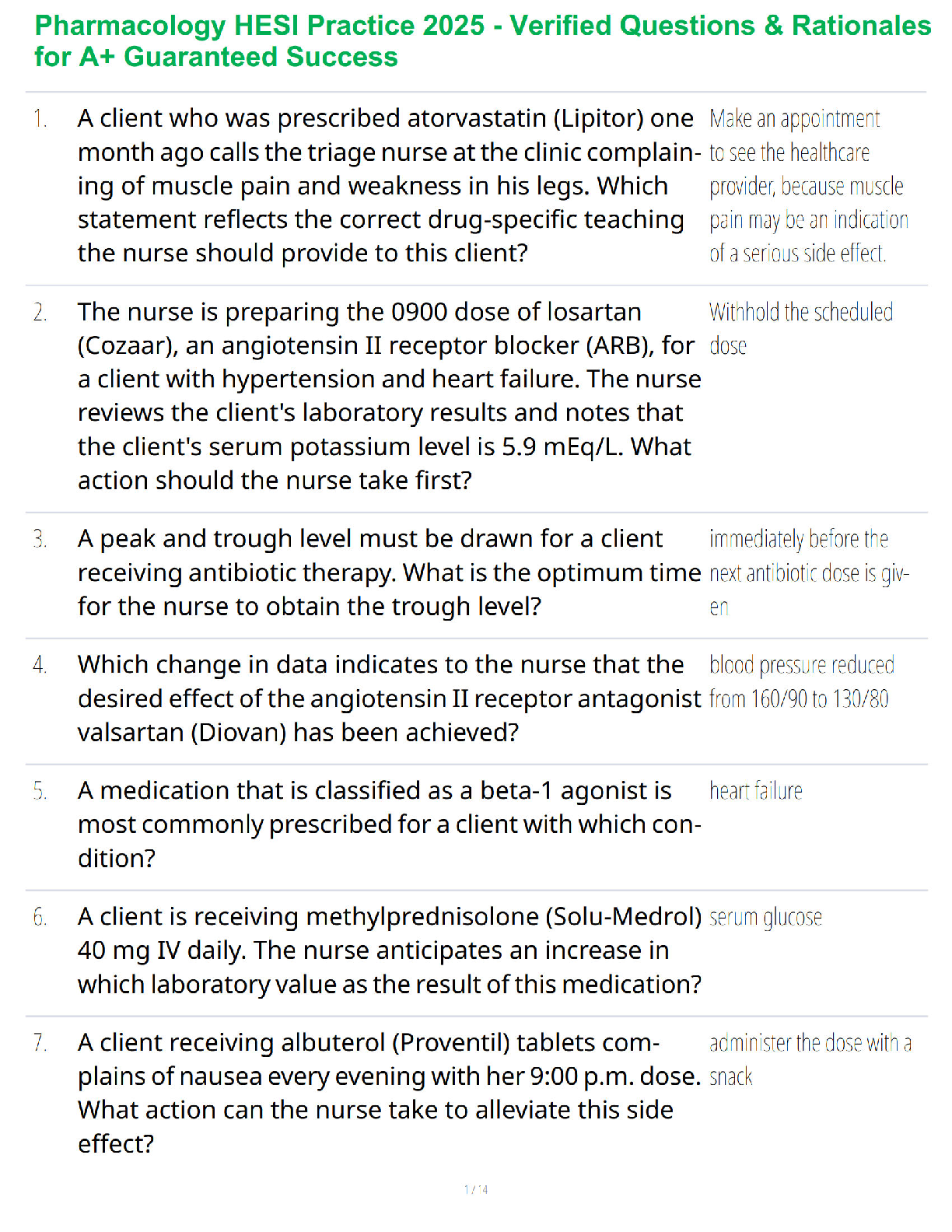 Recommended document preview for Pharmacology HESI Practice 2025 - Verified Questions & Rationales for A+ Guaranteed Success