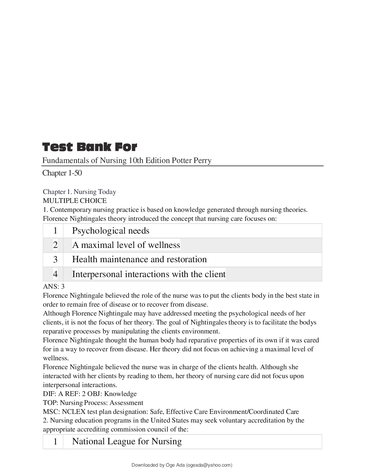 Preview image for Fundamentals of Nursing 10th Ed. Test Bank