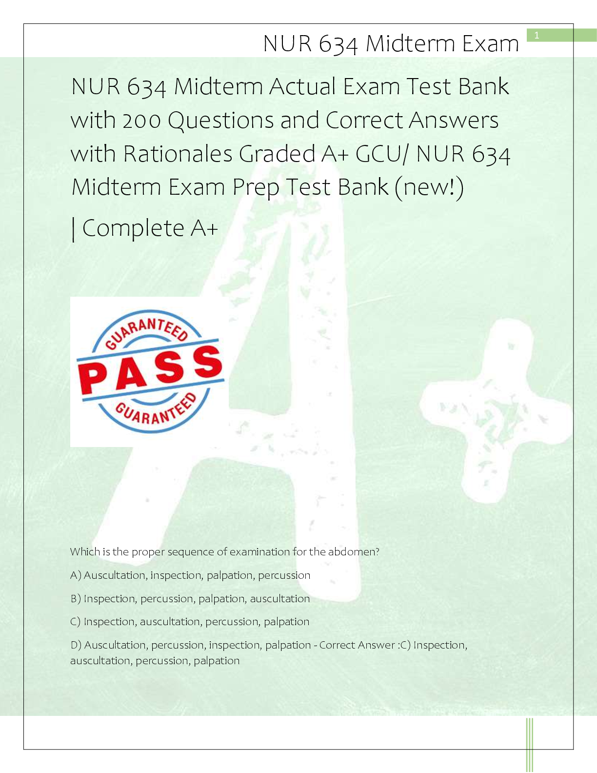 Recommended document preview for NUR 634 Midterm Actual Exam Test Bank  with 200 Questions and Correct Answers  with Rationales Graded A+ GCU/ NUR 634  Midterm Exam Prep Test Bank (new!)  | Complete A+