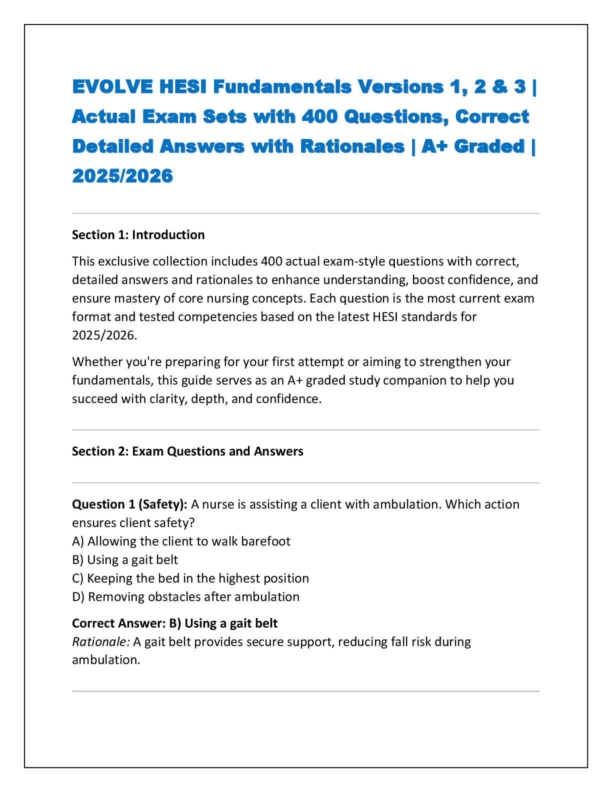 Preview of EVOLVE HESI Fundamentals Versions 1, 2 & 3 | Actual Exam Sets with 400 Questions, Correct