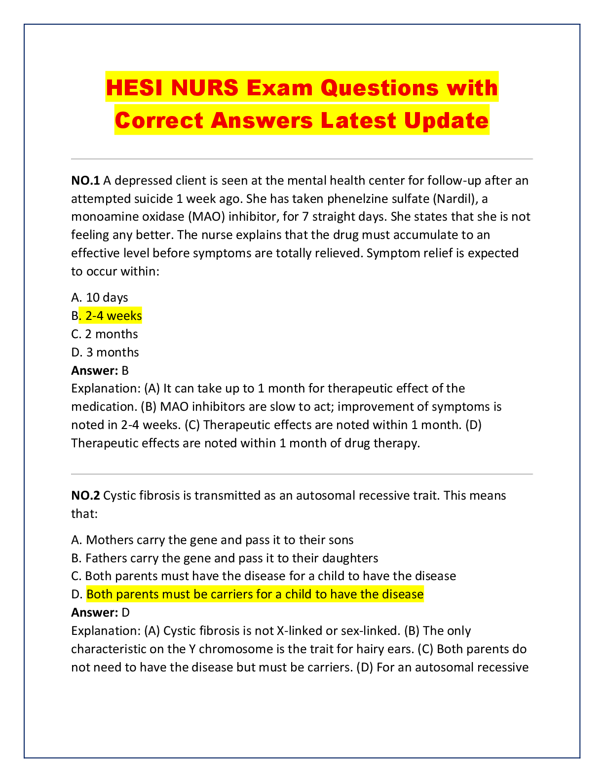 Preview of HESI NURS Exam Questions with Correct Answers Latest Update