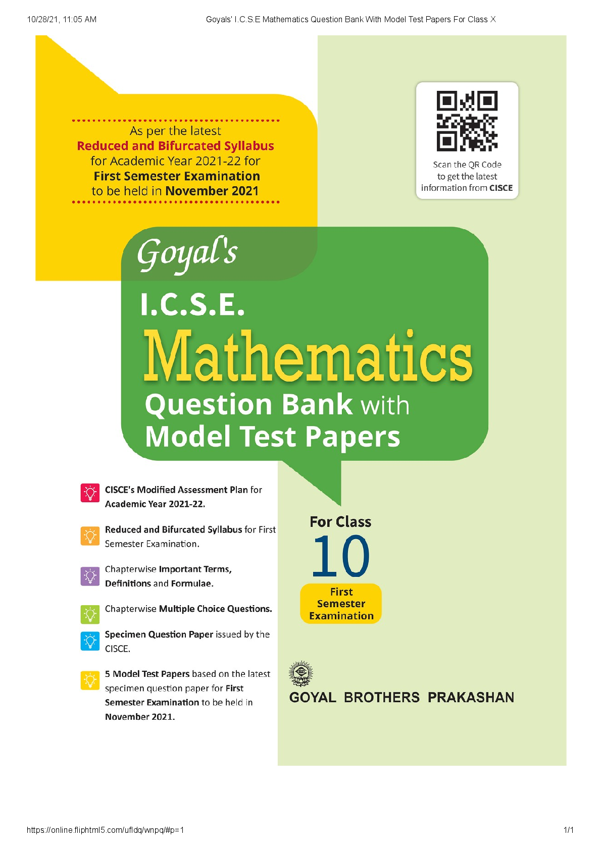 Preview image for Goyals ICSE Mathematics Question Bank with Model Test Papers Class 10