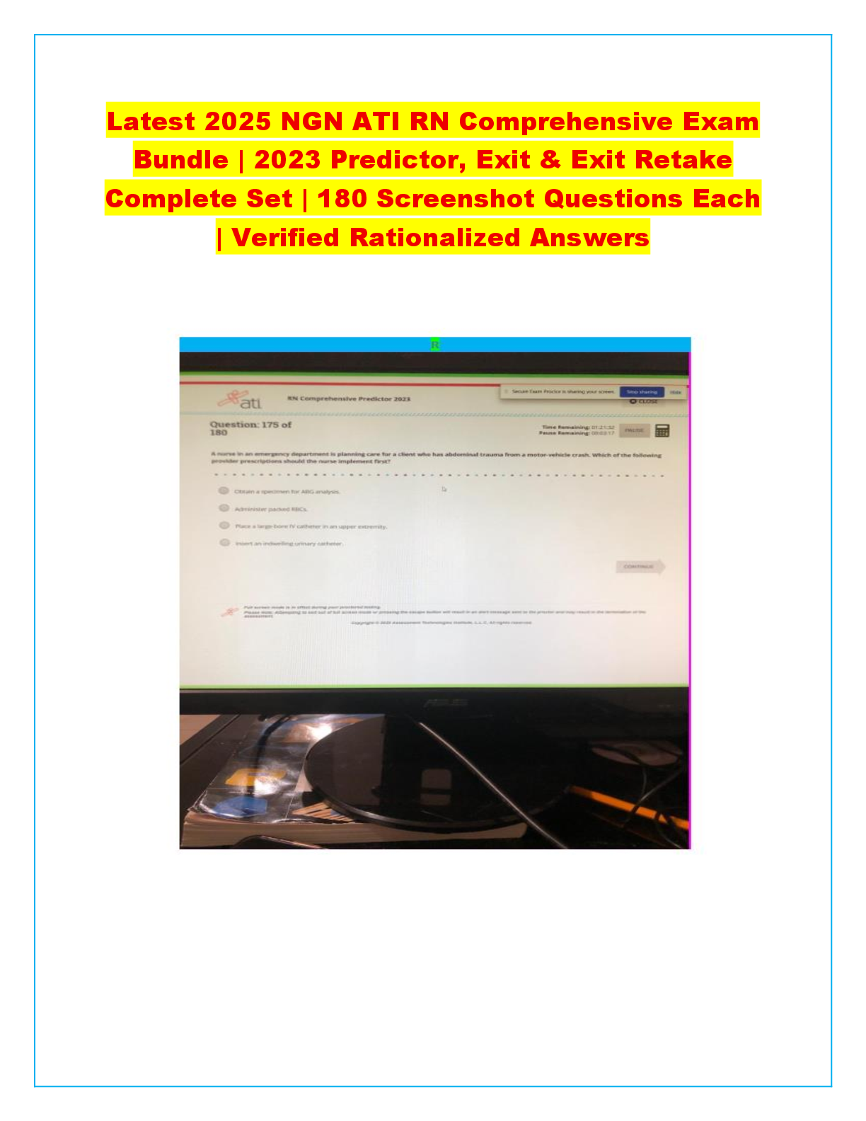 Recommended document preview for Latest 2025 NGN  RN Comprehensive Exam Bundle | 2023 Predictor, Exit & Exit Retake Complete Set | 180 Screenshot Questions Each | Verified Rationalized Answers