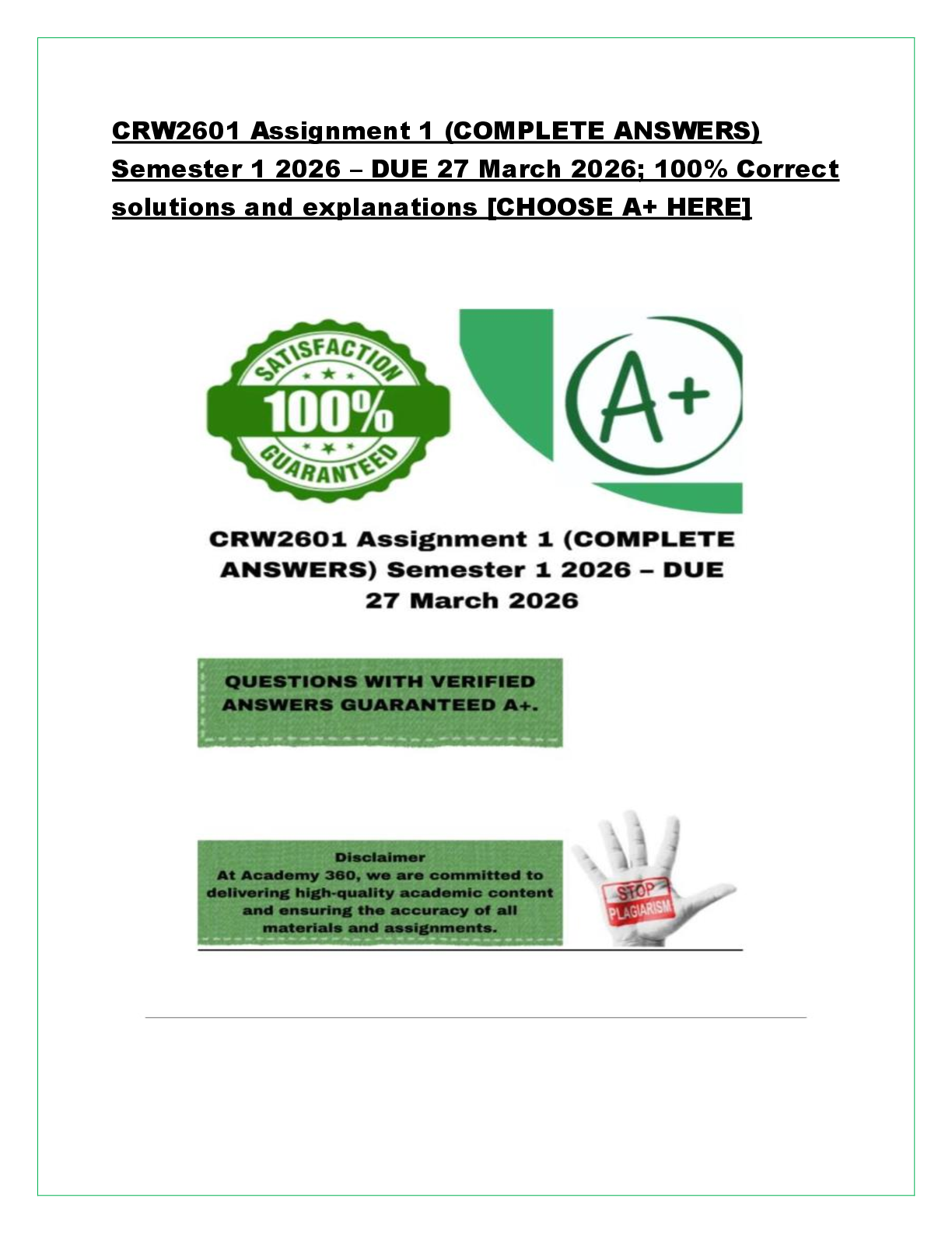 Recommended document preview for CRW2601 Assignment 1 (COMPLETE ANSWERS) Semester 1 2026 – DUE 27 March 2026; 100% Correct solutions and explanations [CHOOSE A+ HERE]