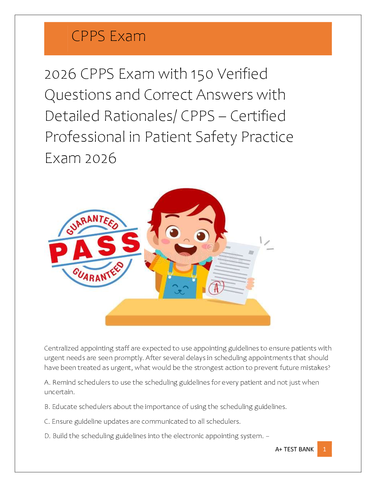 Recommended document preview for 2026 CPPS Exam with 150 Verified   Questions and Correct Answers with  Detailed Rationales/ CPPS – Certified  Professional in Patient Safety Practice  Exam 2026