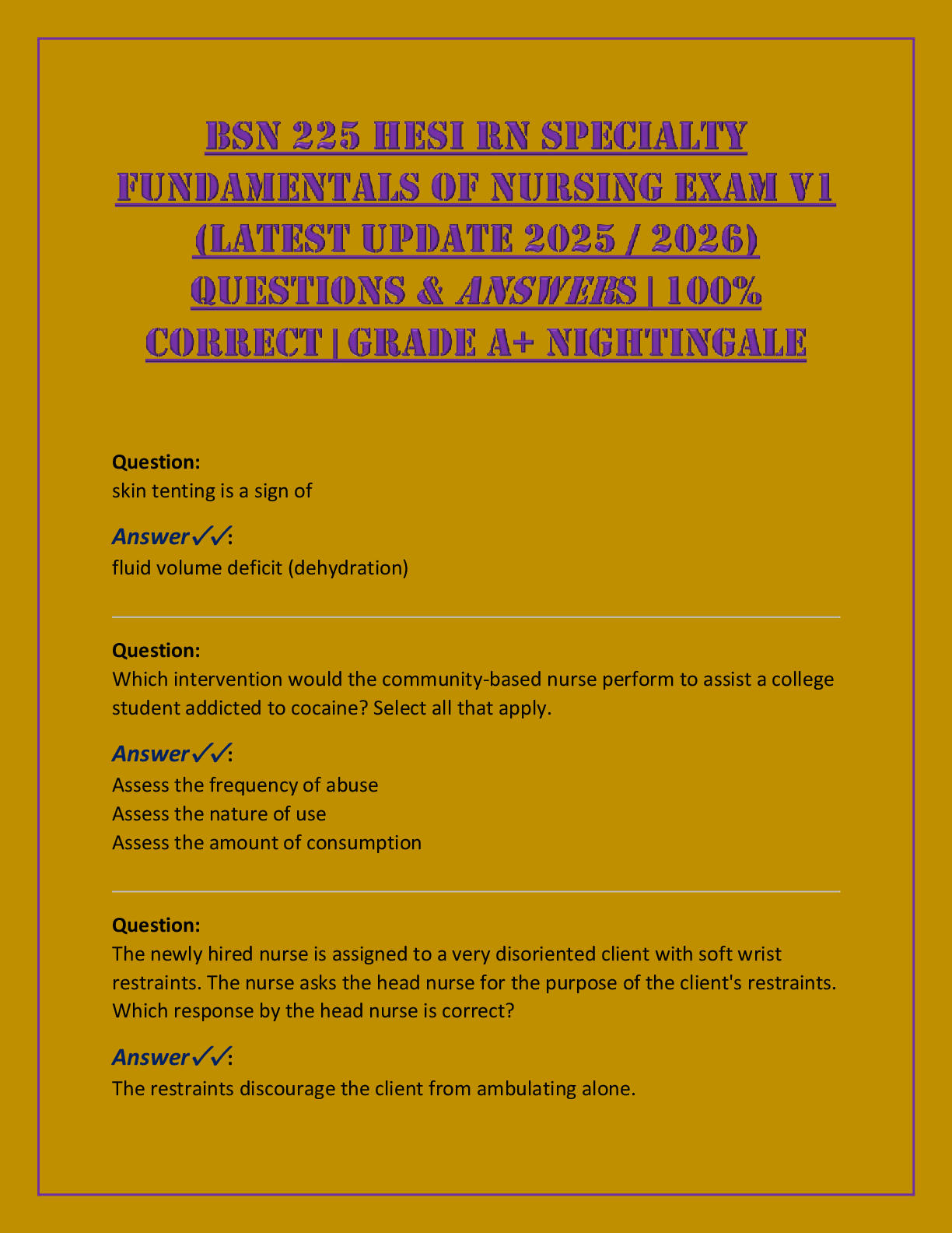Recommended document preview for BSN 225 HESI RN Specialty Fundamentals of Nursing Exam V1 (Latest Update 2025 / 2026) Questions & Answers | 100% Correct | Grade A+ Nightingale
