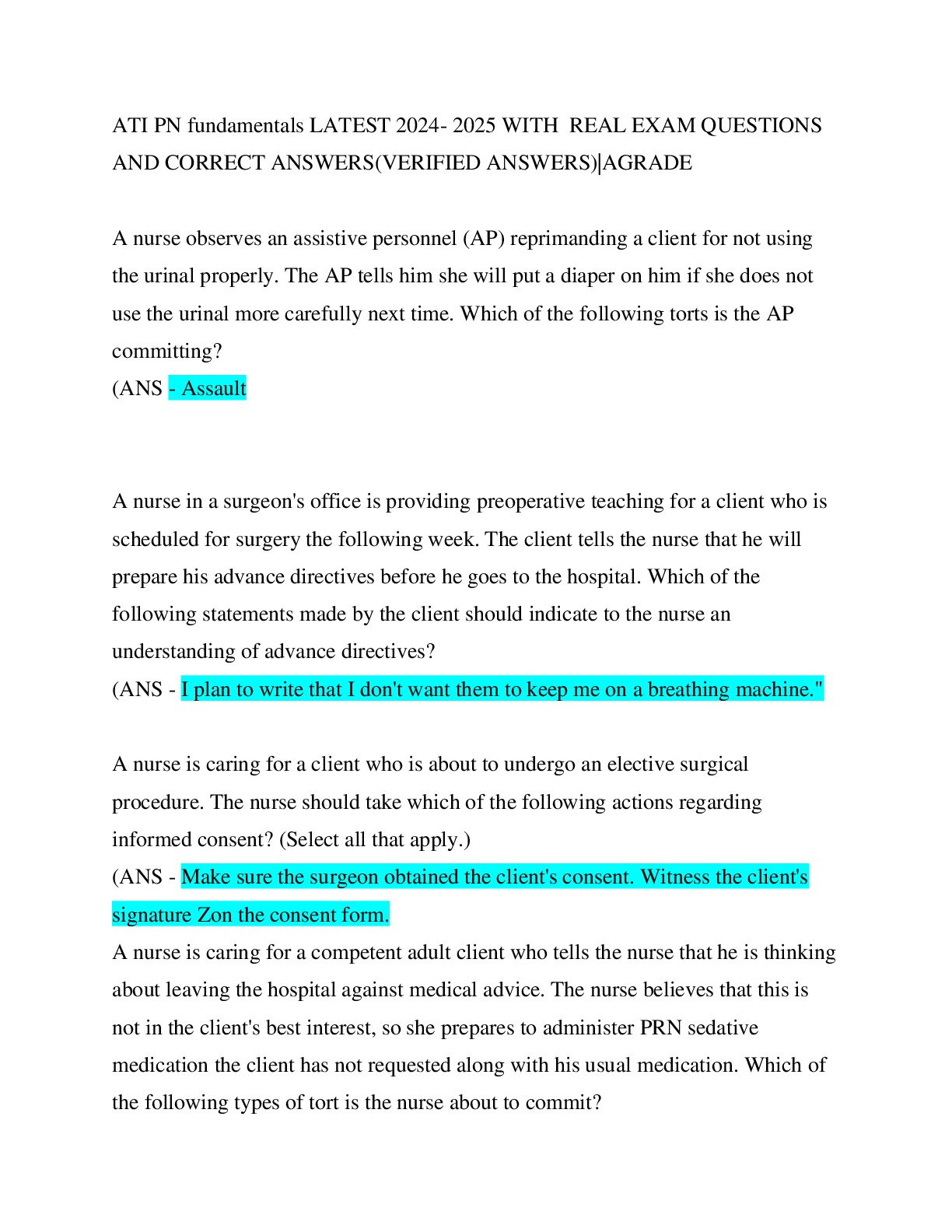 Recommended document preview for ATI PN fundamentals LATEST 2024- 2025 WITH REAL EXAM QUESTIONS  AND CORRECT ANSWERS(VERIFIED ANSWERS)|AGRADE