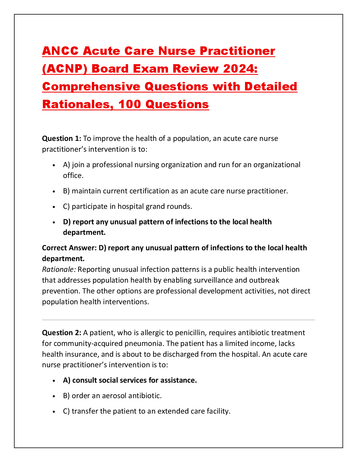 Recommended document preview for ANCC Acute Care Nurse Practitioner (ACNP) Board Exam Review 2024: Comprehensive Questions with Detailed Rationales, 100 Questions
