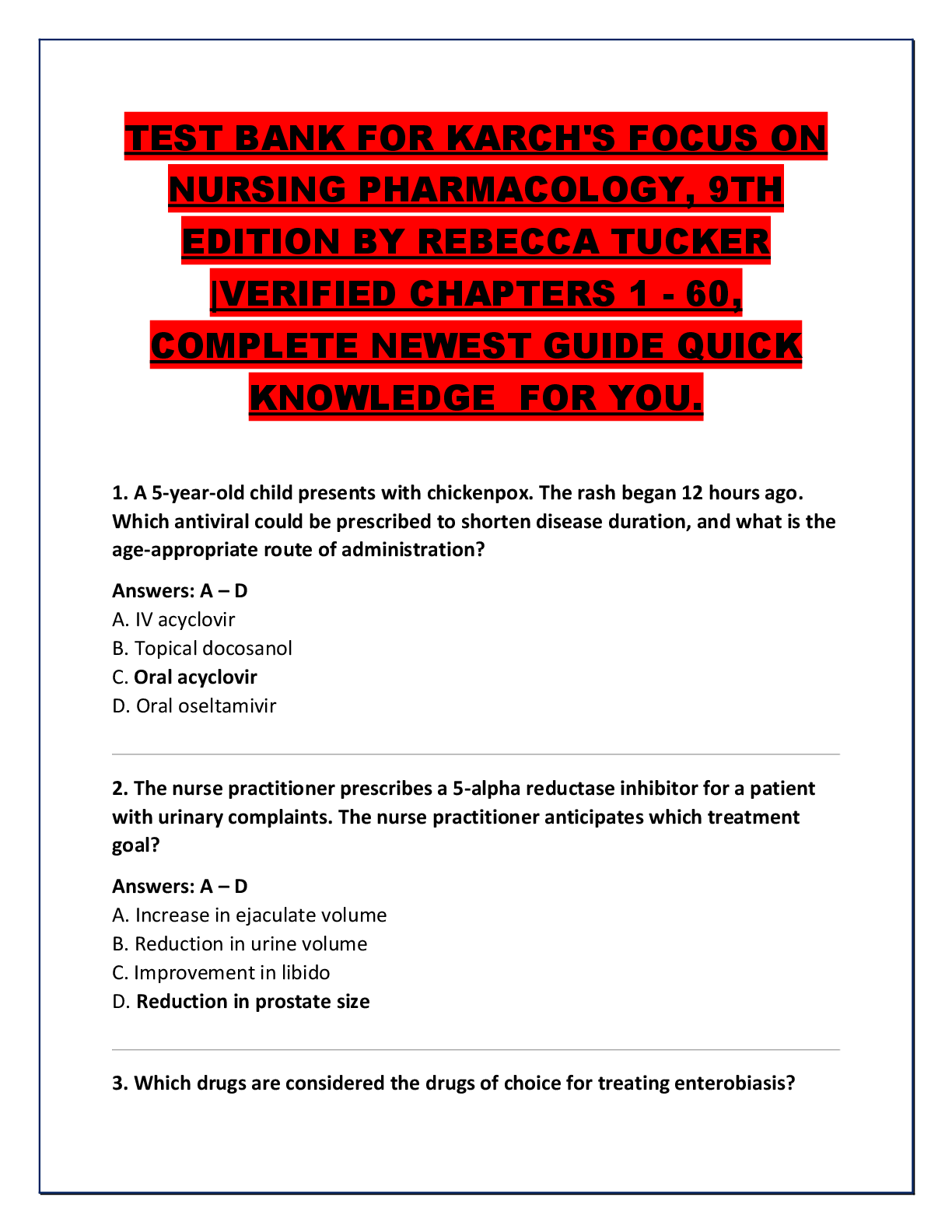 Preview of TEST BANK FOR KARCH'S FOCUS ON  NURSING PHARMACOLOGY, 9TH  EDITION BY REBECCA TUCKER  |VER