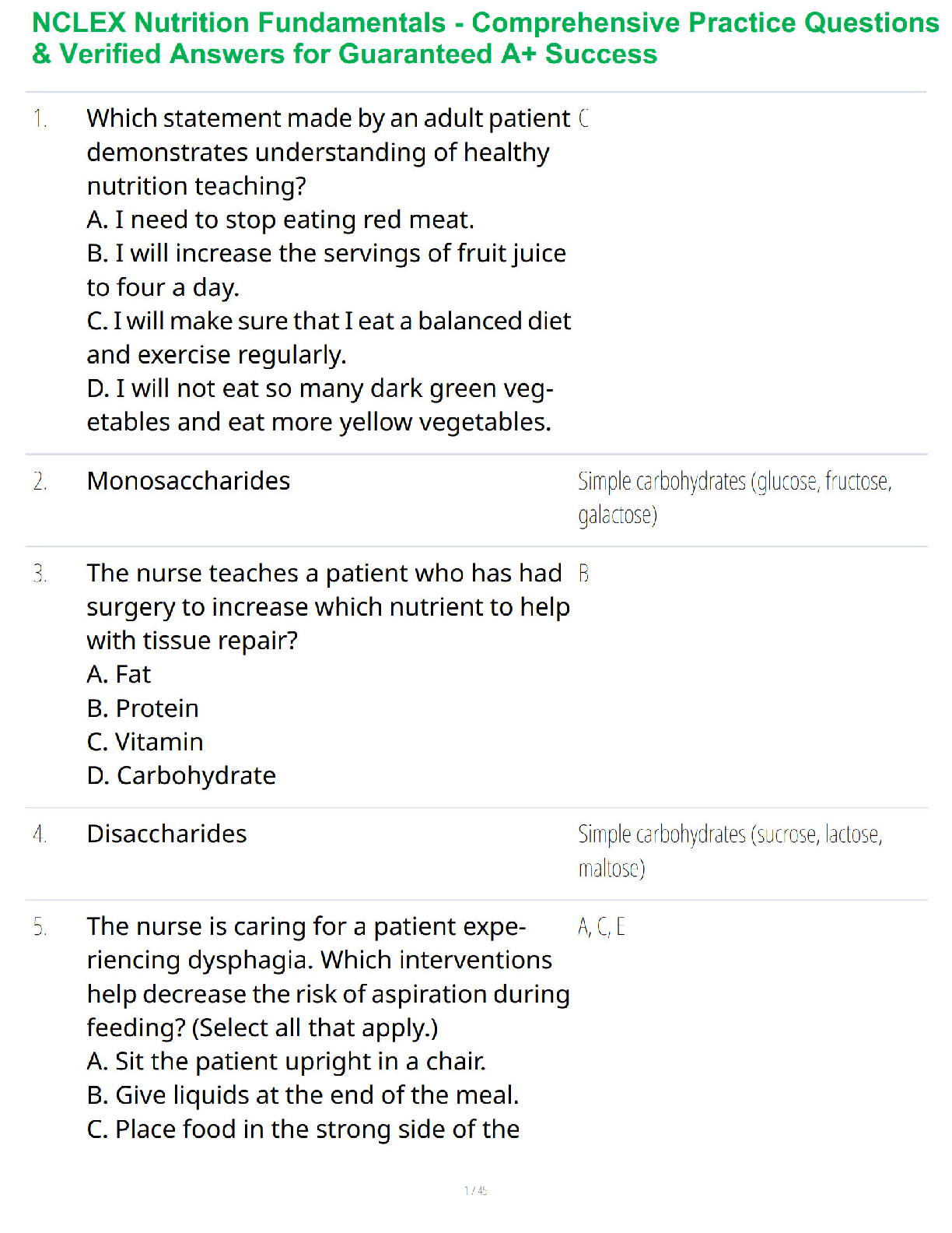 NCLEX Nutrition Fundamentals - Comprehensive Practice Questions & Verified Answers for Guaranteed A+ Success