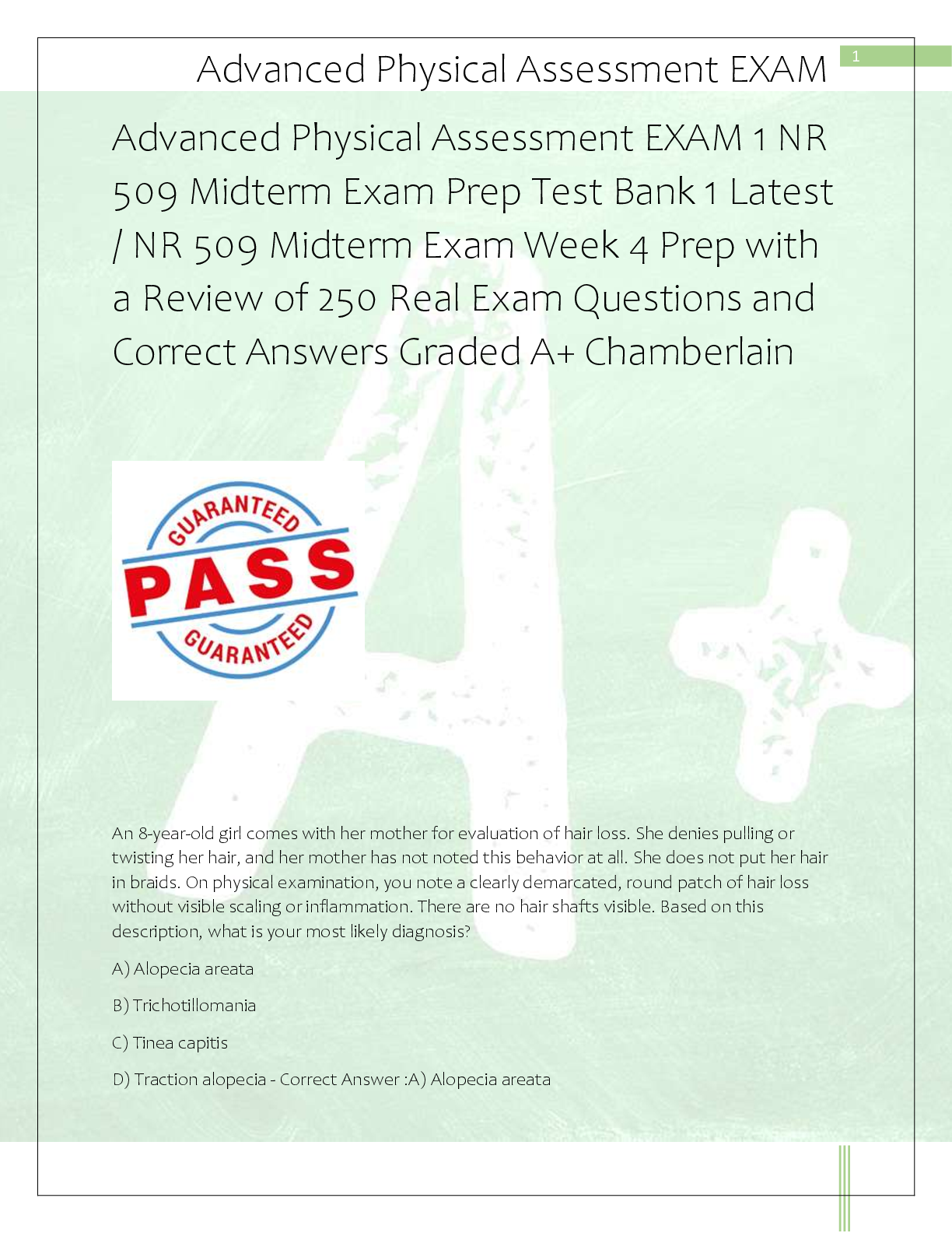 Recommended document preview for Advanced Physical Assessment EXAM 1 NR  509 Midterm Exam Prep Test Bank 1 Latest  / NR 509 Midterm Exam Week 4 Prep with  a Review of 250 Real Exam Questions and  Correct Answers Graded A+ Chamberlain