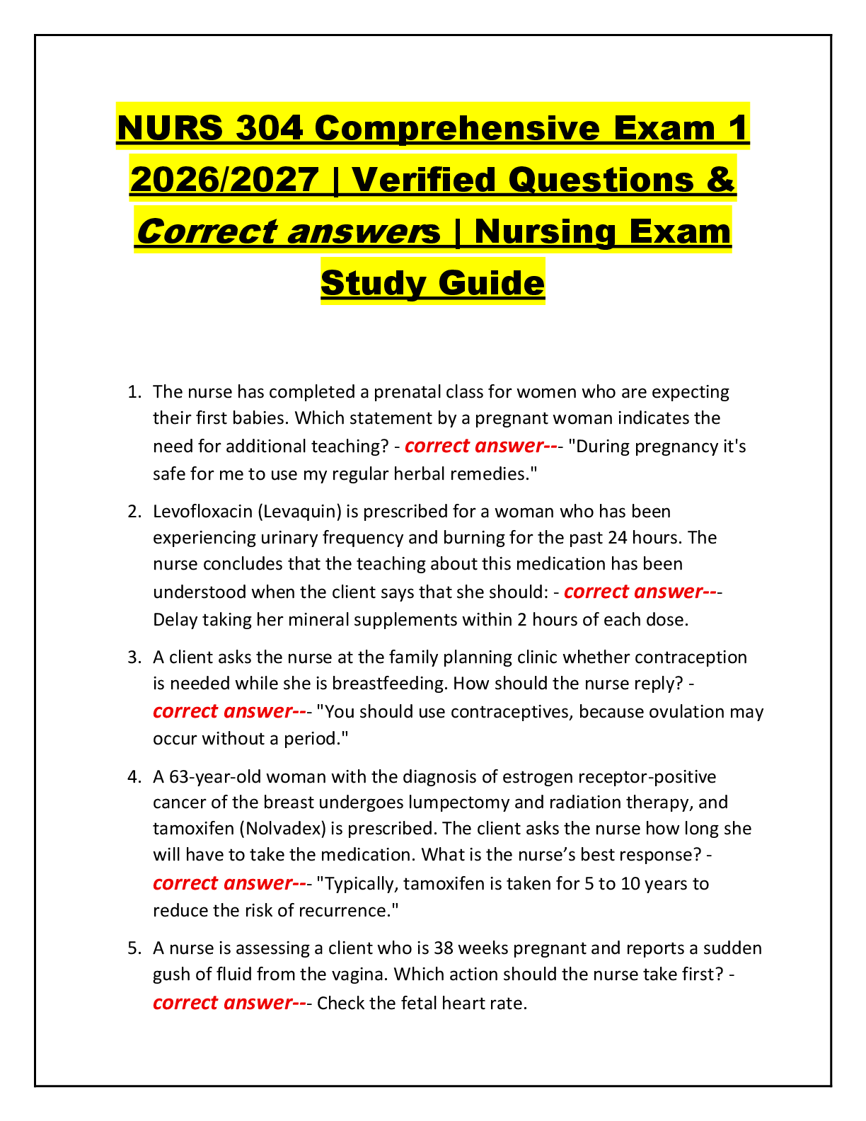 Preview of NURS 304 Comprehensive Exam 1 2026/2027 | Verified Questions & Correct answers | Nursing E