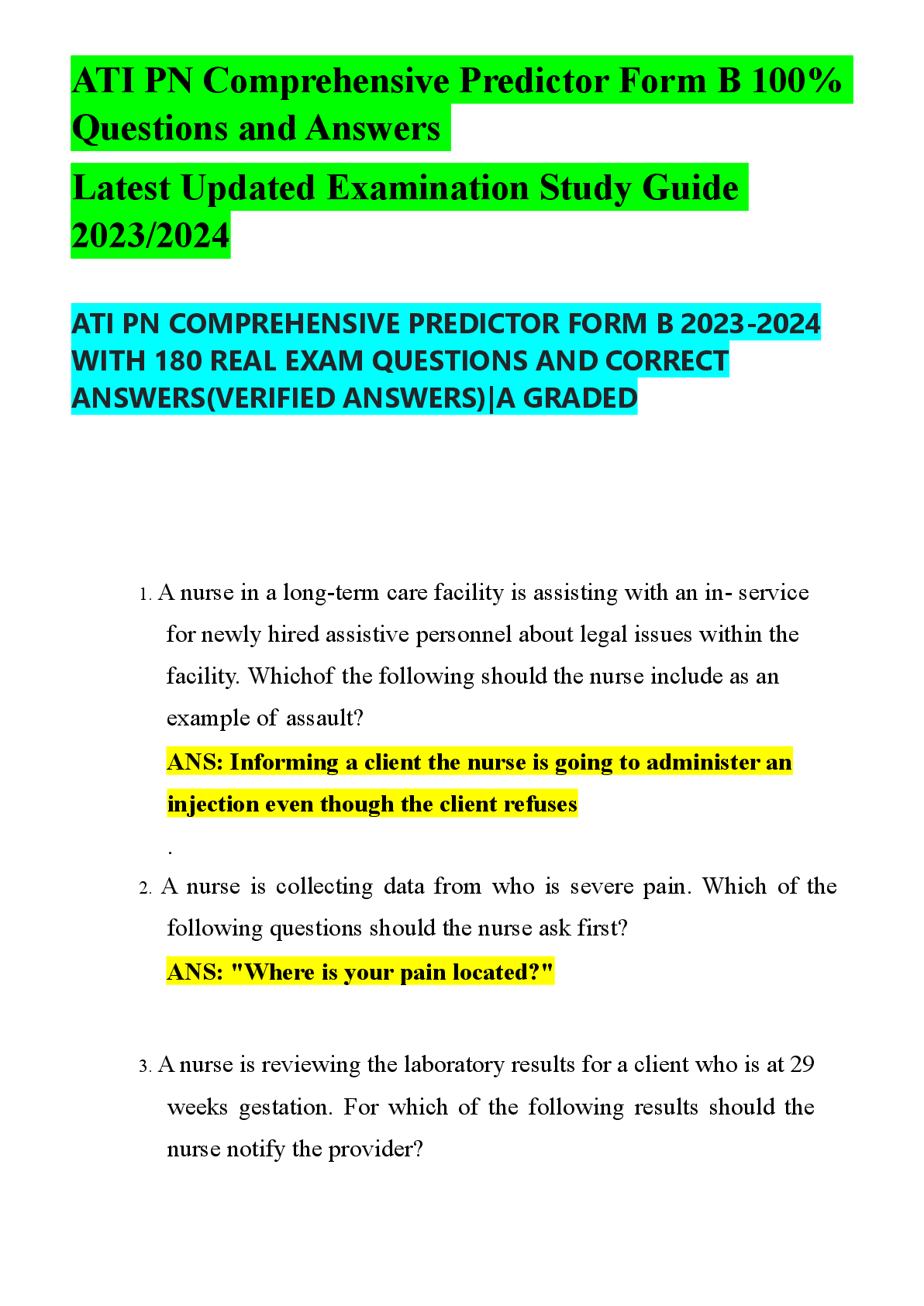 ATI PN Comprehensive Predictor Form B 100%  Questions and Answers  Latest Updated Examination Study Guide