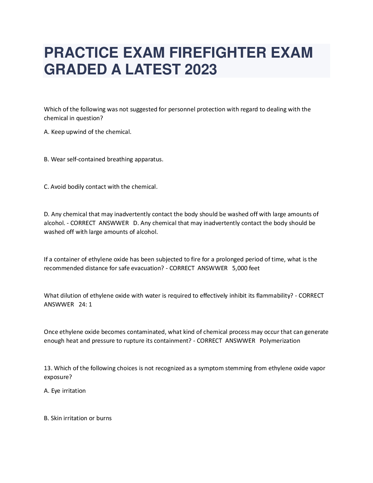 Recommended document preview for PRACTICE EXAM FIREFIGHTER EXAM  GRADED A LATEST 2023