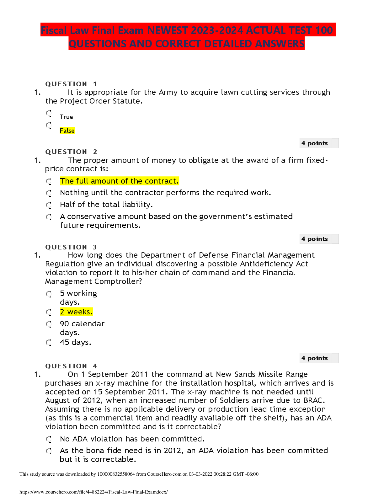 Recommended document preview for Fiscal Law Final Exam NEWEST 2023-2024 ACTUAL TEST 100  QUESTIONS AND CORRECT DETAILED ANSWERS
