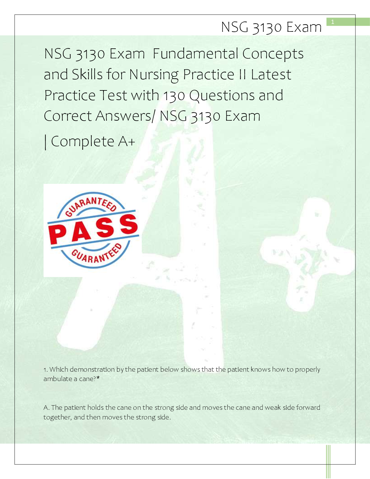 Preview of NSG 3130 Exam  Fundamental Concepts  and Skills for Nursing Practice II Latest  Practice T