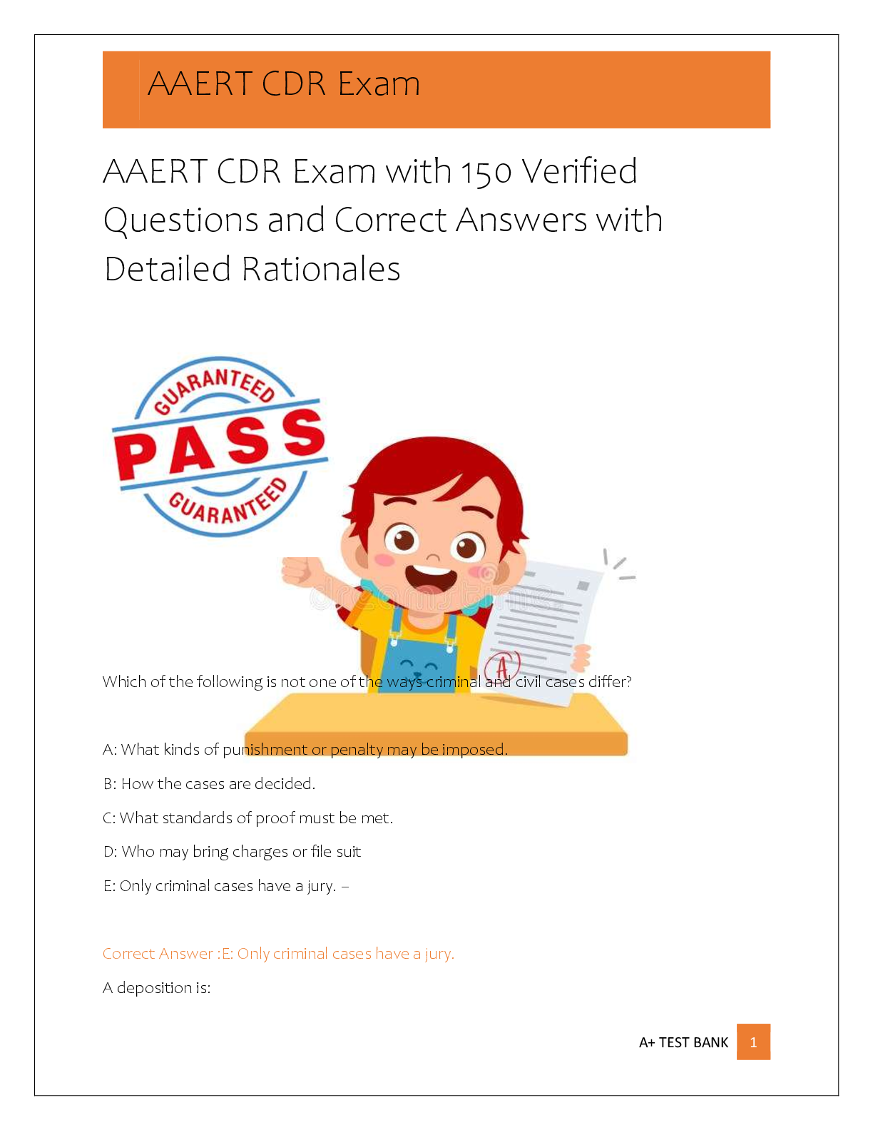 Recommended document preview for AAERT CDR Exam with 150 Verified   Questions and Correct Answers with  Detailed Rationales